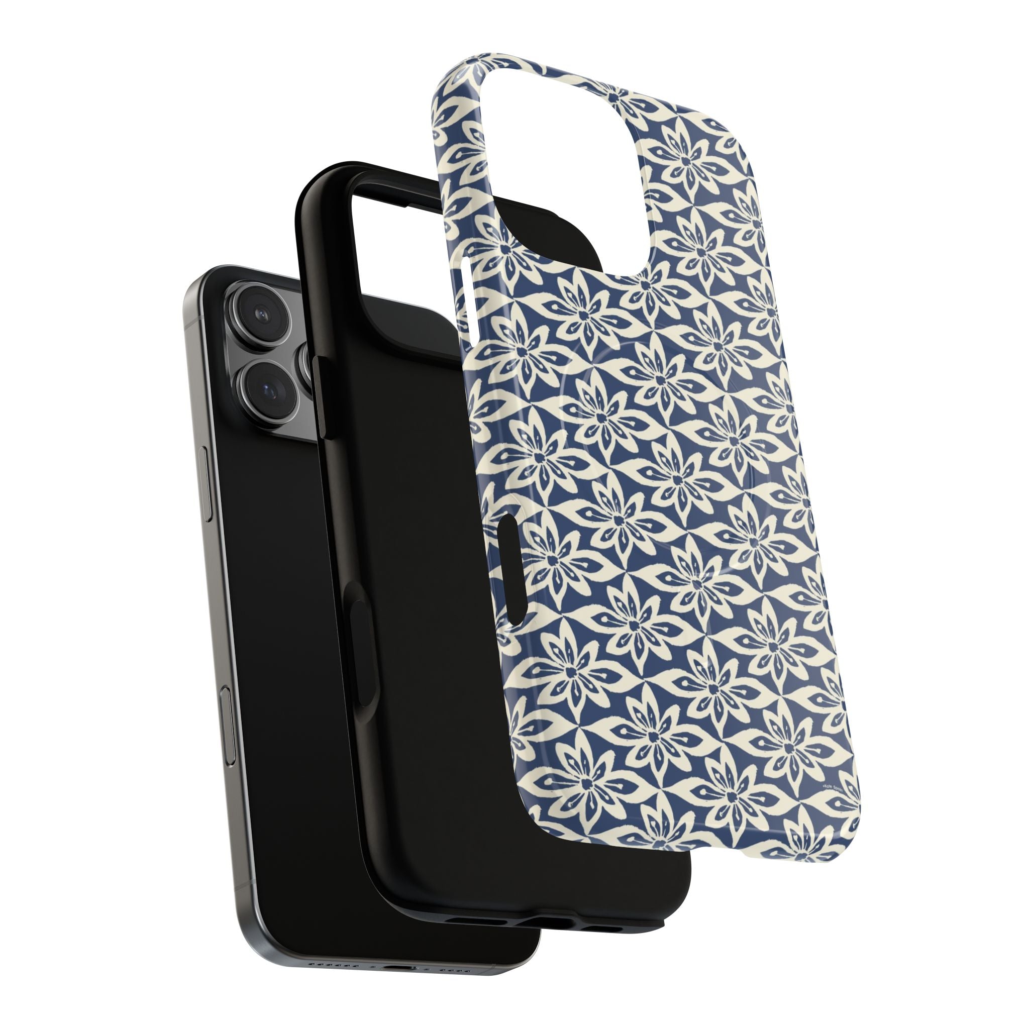Lily Navy MagSafe iPhone 16 Pro Max Case – Glossy | angled view showing camera cutout and buttons — botanical MagSafe case by Kate Spain