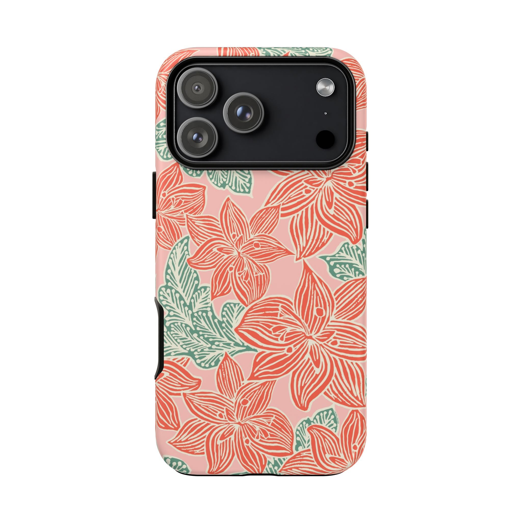 Hibiscus Coral iPhone 17 Pro Max Matte Case — blush pink hard case with large-scale coral red hibiscus flowers and teal-green leaves in a bold botanical linework print, densely layered across the surface