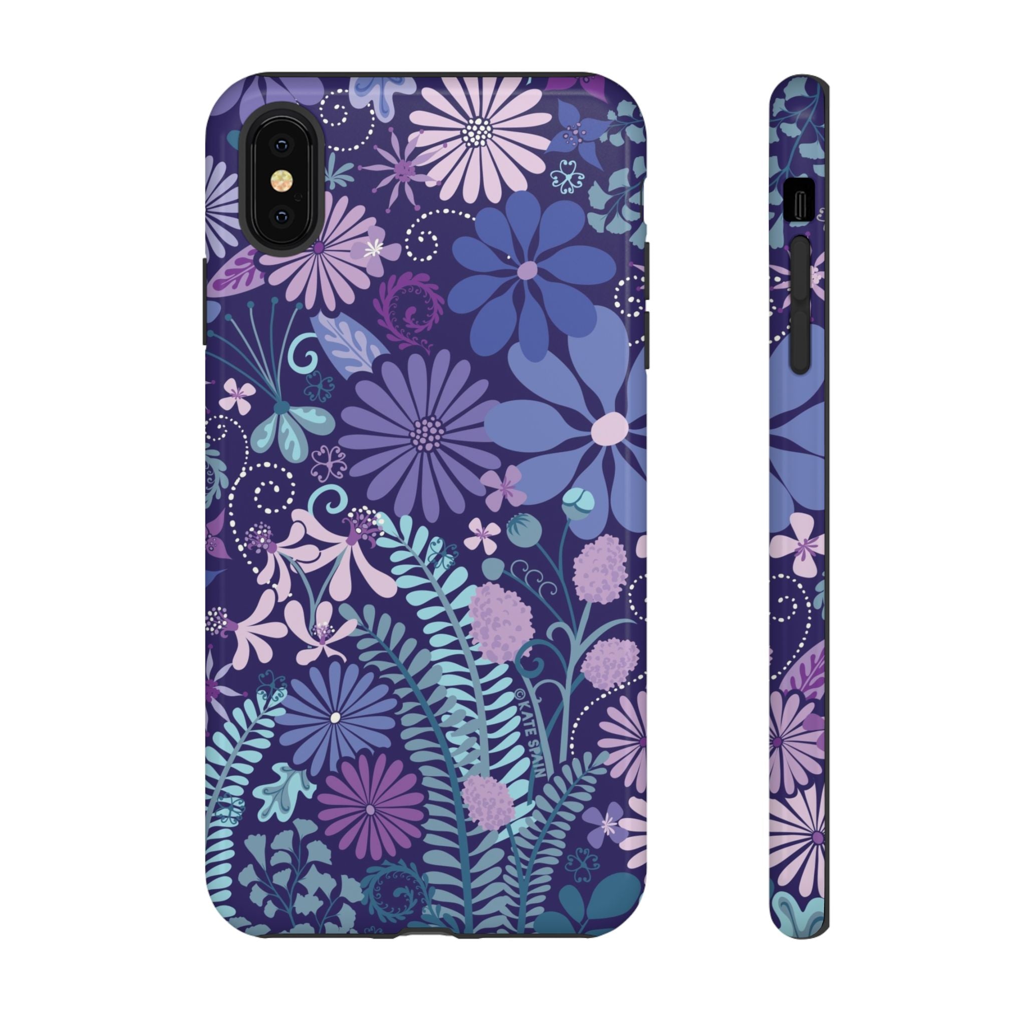 Luxury Terrain Tough iPhone XS MAX Case – Glossy | navy, purple, aqua botanical woodland floral print