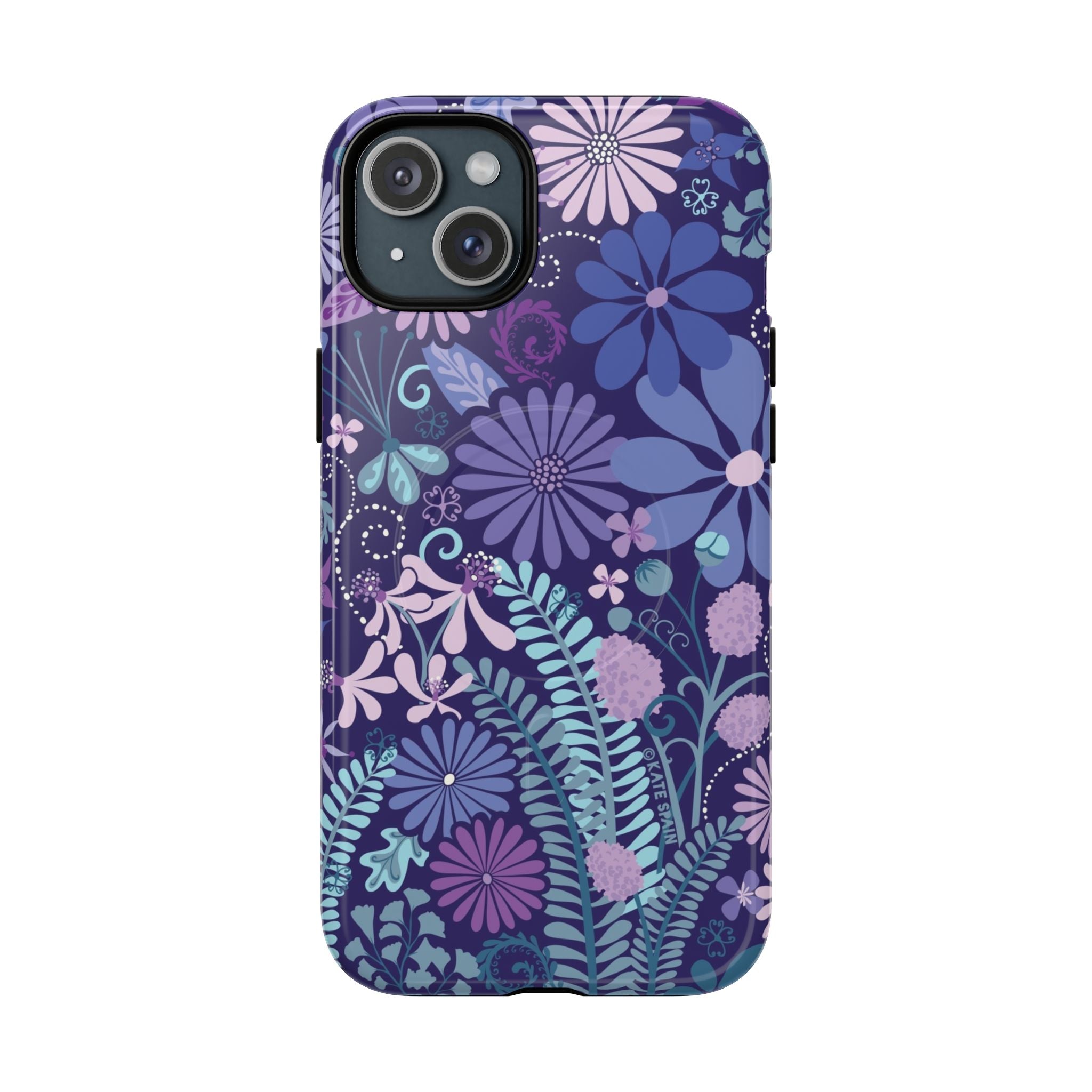 Terrain Night MagSafe iPhone 15 Plus Case – Glossy | navy, purple, aqua botanical woodland floral print