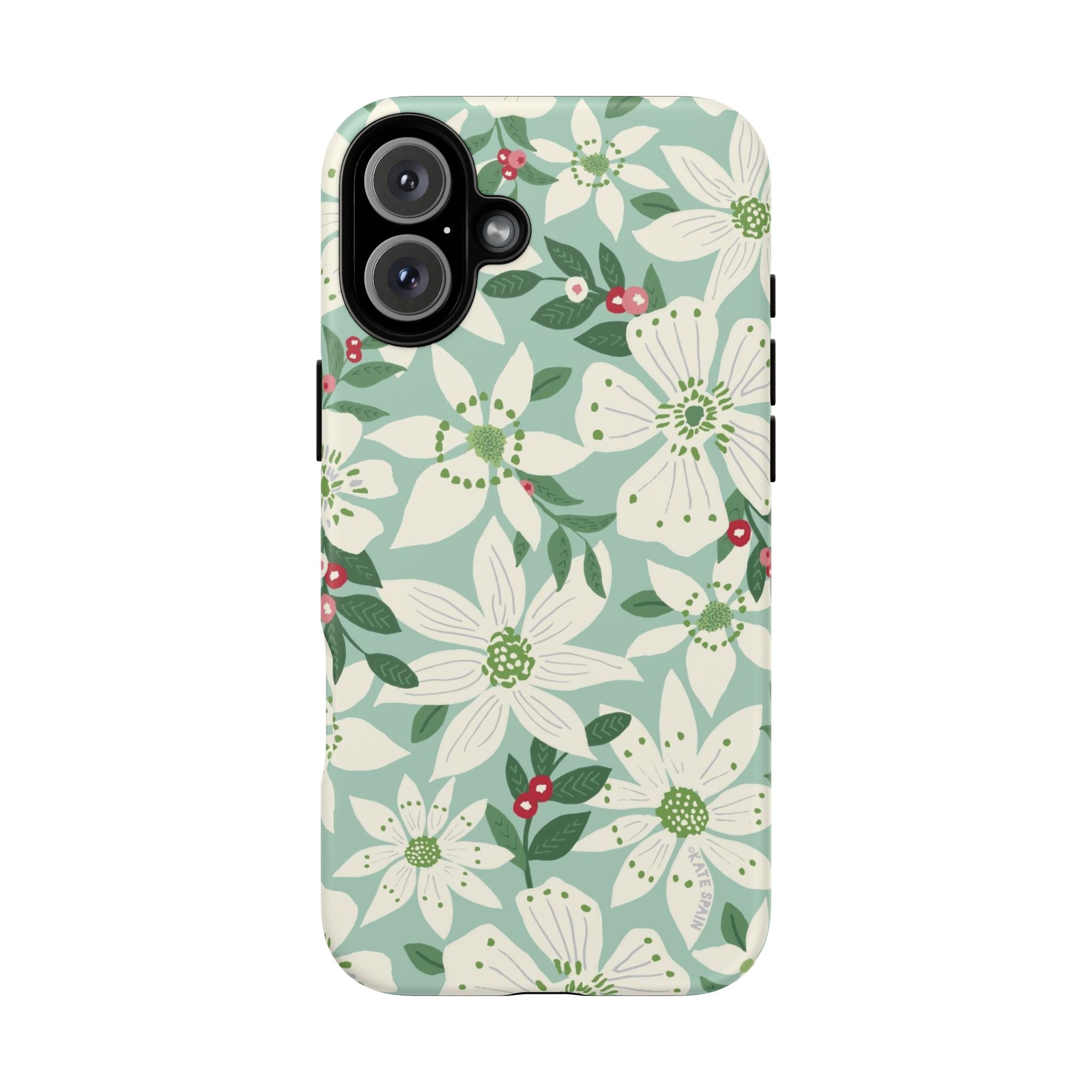 Gardenia Tough iPhone 16 Plus Case – Matte | light blue, white, green, red gardenia botanical print