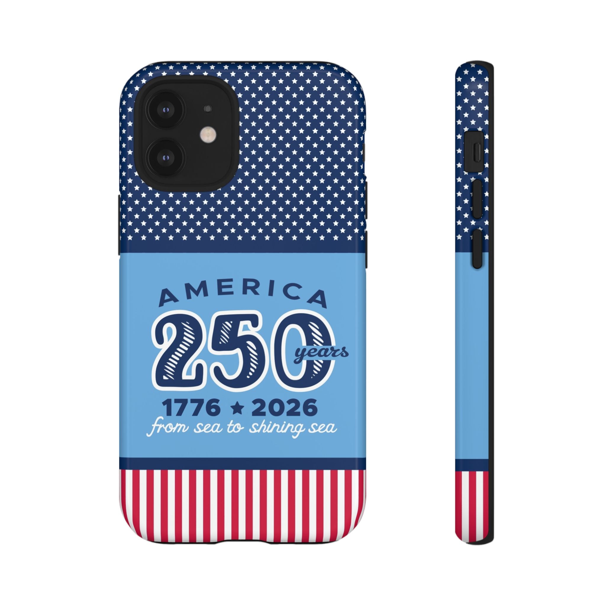 Sea to Shining Sea Tough iPhone 12 Mini Case – Glossy | navy, sky blue, red, white American stars & stripes 250th anniversary print