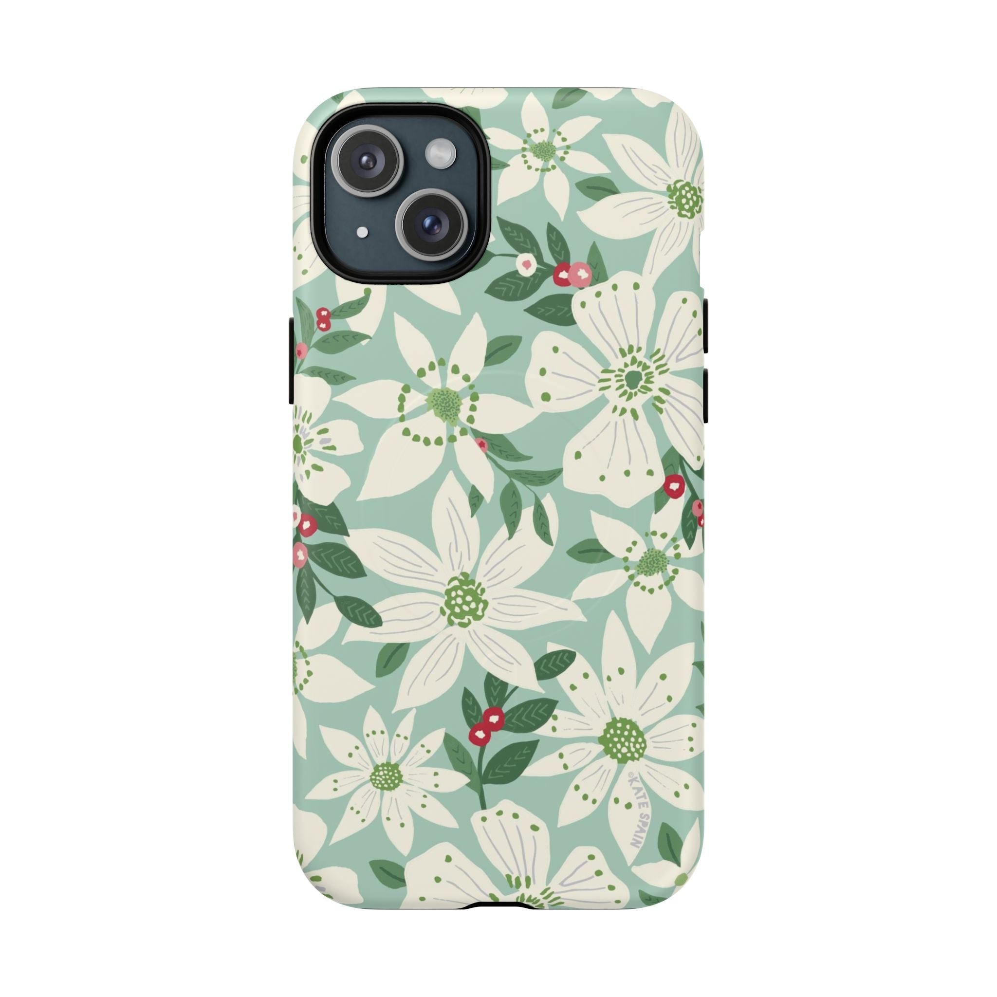 Gardenia MagSafe iPhone 15 Plus Case – Matte | light blue, white, green, red gardenia botanical print