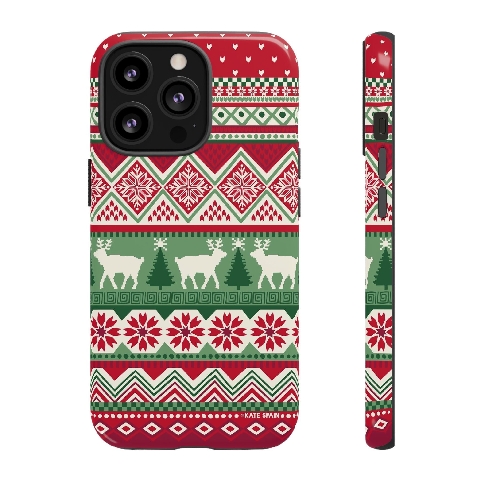 Telemark Tough iPhone 13 Pro Case – Glossy | red, green, cream fair isle reindeer Nordic print