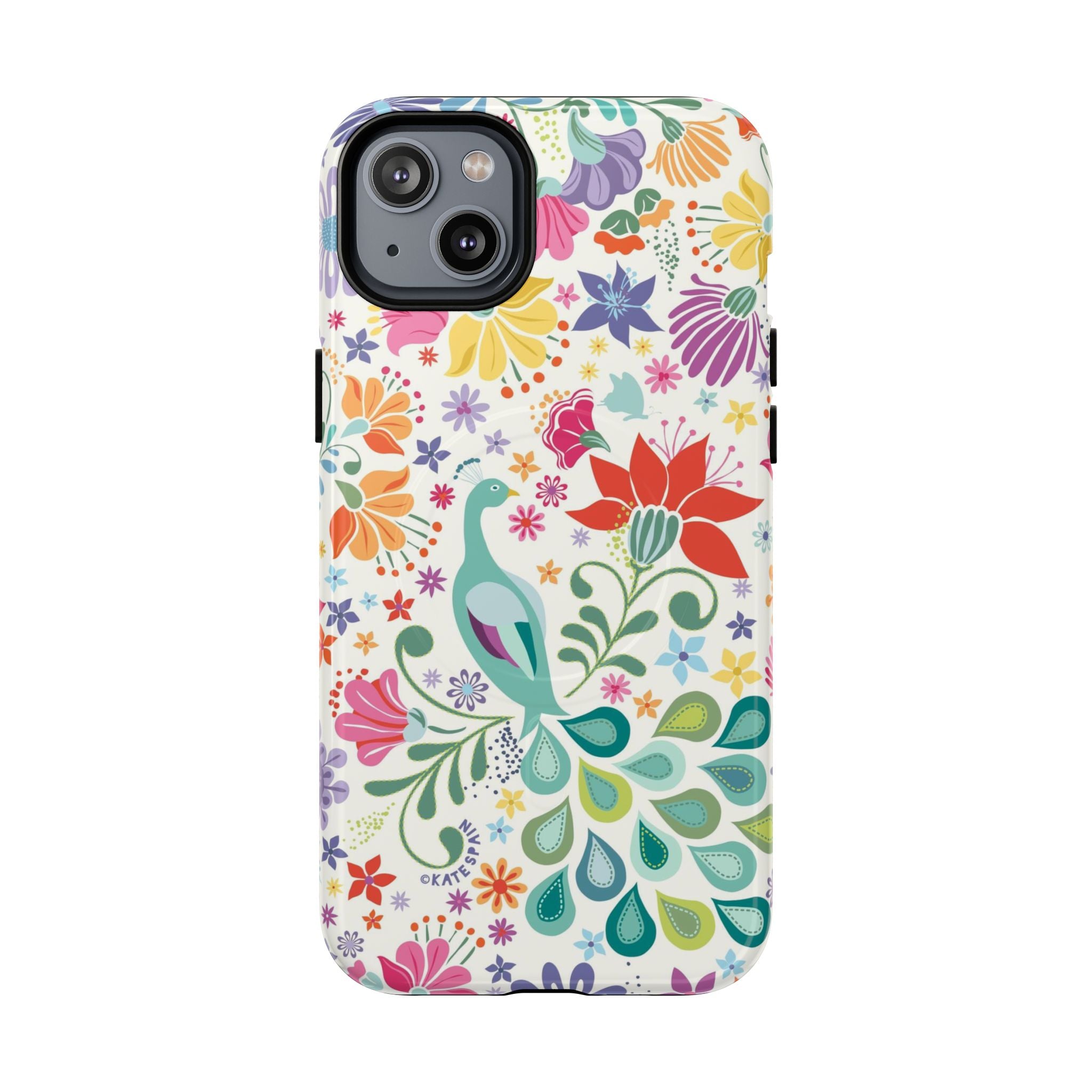 Peacock Sanctuary MagSafe iPhone 14 Plus Case – Glossy | cream, teal, coral multicolor vibrant peacock feather botanical print