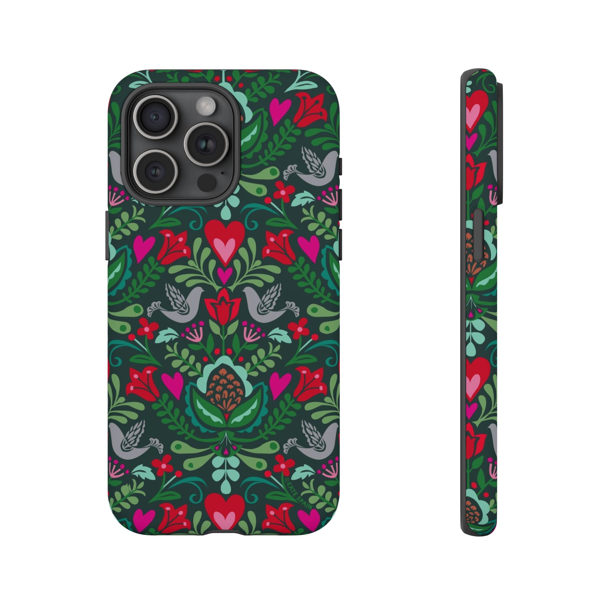 Rosemaling Tough iPhone 15 Pro Max Case – Matte | dark green, red, pink, gray folk art floral bird print