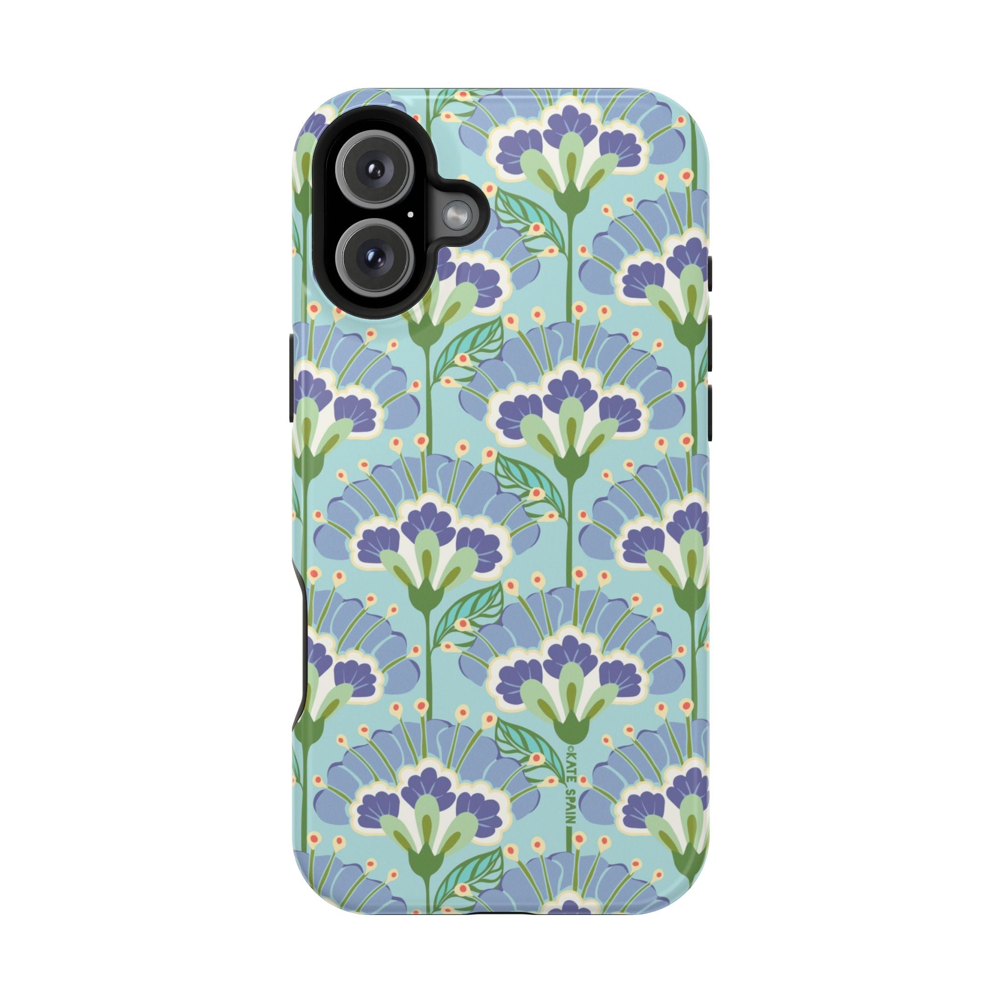 Lantern Flower MagSafe iPhone 16 Plus Case – Glossy | aqua, periwinkle, green botanical lantern floral print MagSafe compatible, dual-layer protection