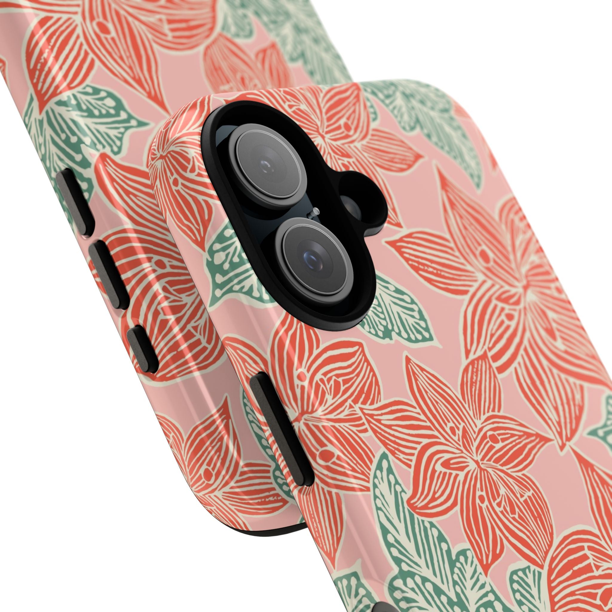 Hibiscus Coral iPhone 17 Glossy Case — angled view showing slim profile; blush pink case with coral red hibiscus flowers and teal-green leaves in bold botanical linework
