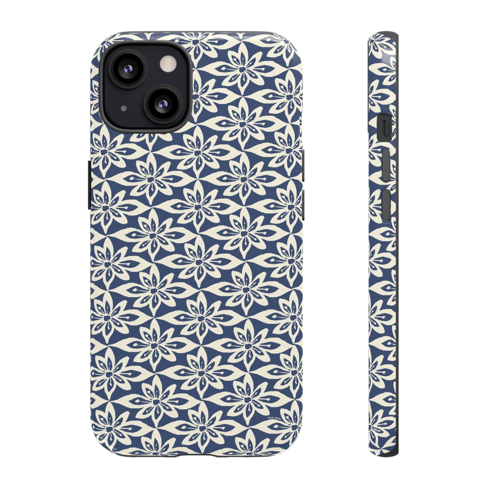 Lily Navy Blue iPhone 13 Glossy case — geometric cream lily print on navy blue by Kate Spain