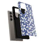  Starflower Samsung Galaxy S24 Ultra Case – blow up of dual-layered shock-absorbing construction of case in navy, white geometric starflower print