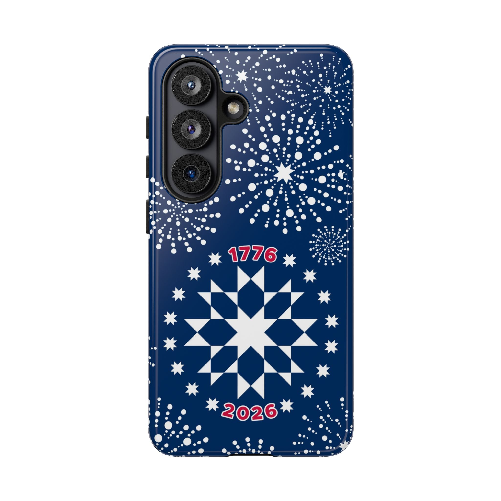 250th Fireworks Samsung Galaxy S26 Case – Glossy | navy, white patriotic star quilt fireworks print