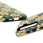 Luxury Modern Dahlia Samsung Galaxy S24 Case – Glossy | close-up of sides of case in forest green, yellow, cream modern dahlia print