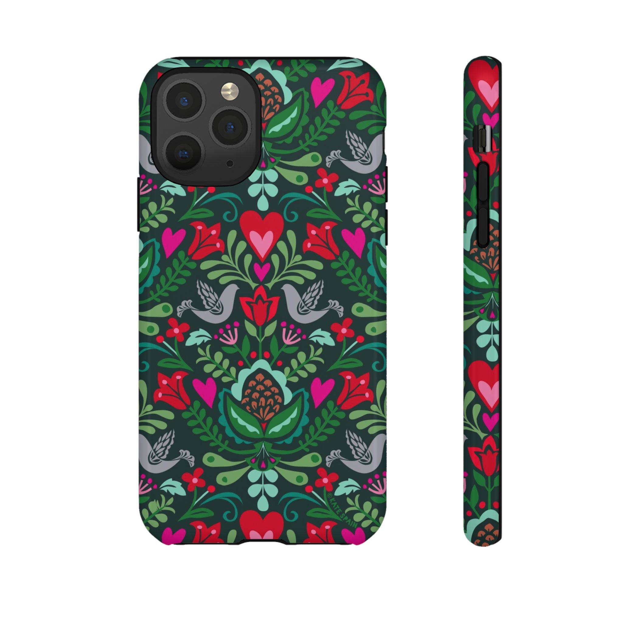 Rosemaling Tough iPhone 11 Pro Case – Glossy | dark green, red, pink, gray folk art floral bird print
