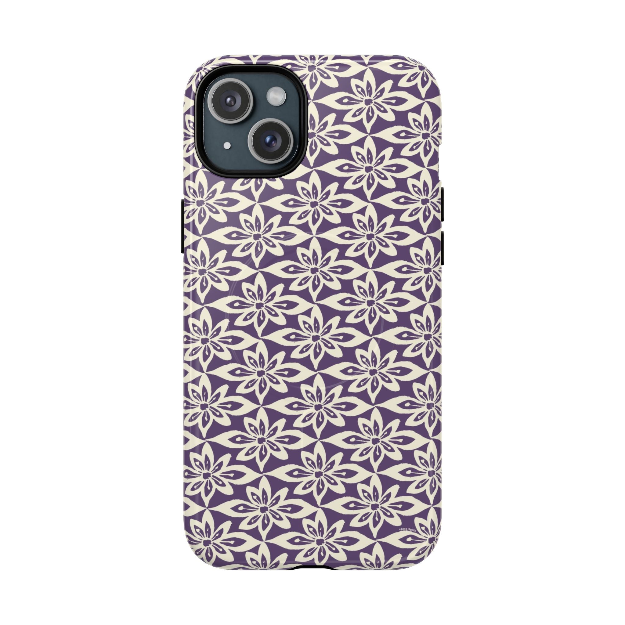 Lily Plum MagSafe iPhone 15 Plus Case – Glossy | graphic white lily print on rich violet — botanical MagSafe case by Kate Spain