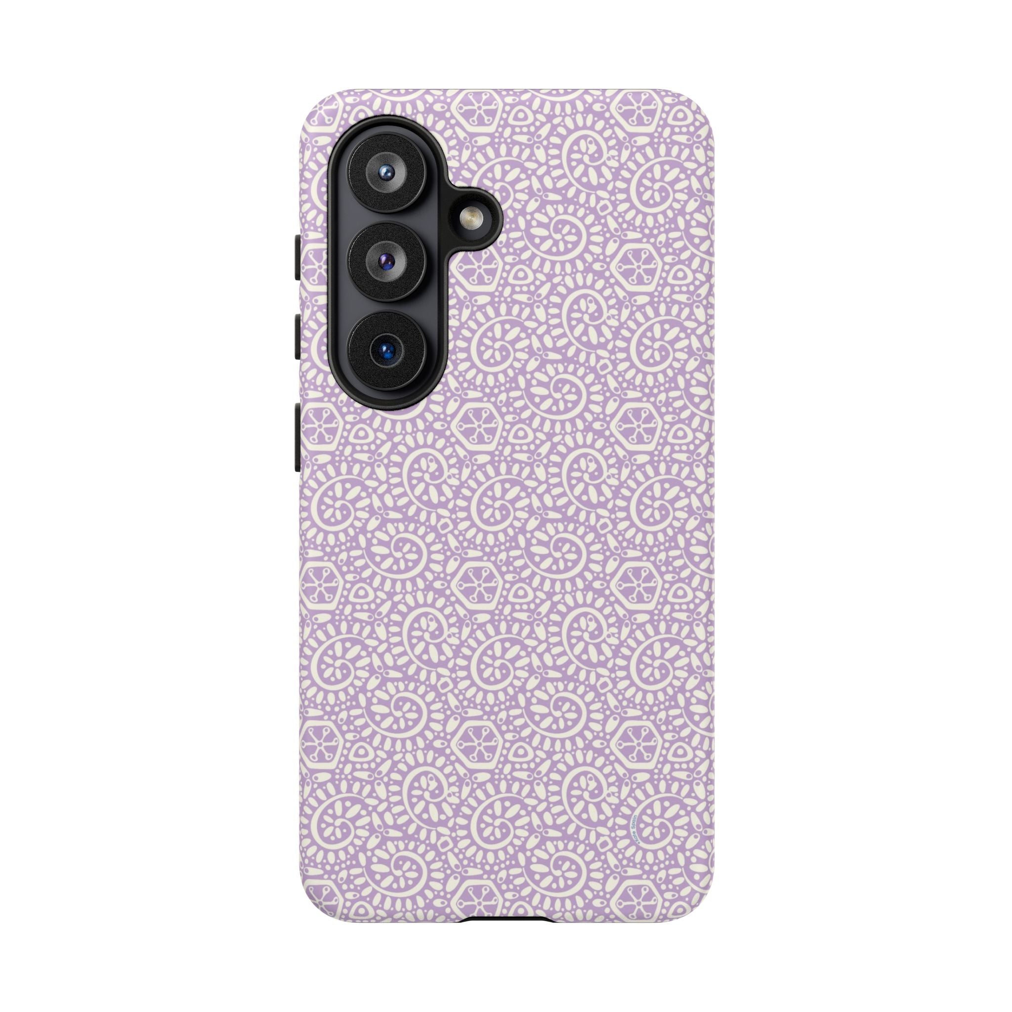 Canto Swirls Lavender Samsung Galaxy S26 Matte Case — lavender hard case covered in an intricate folk-art medallion pattern of radiating circular motifs, dot clusters, and geometric centers