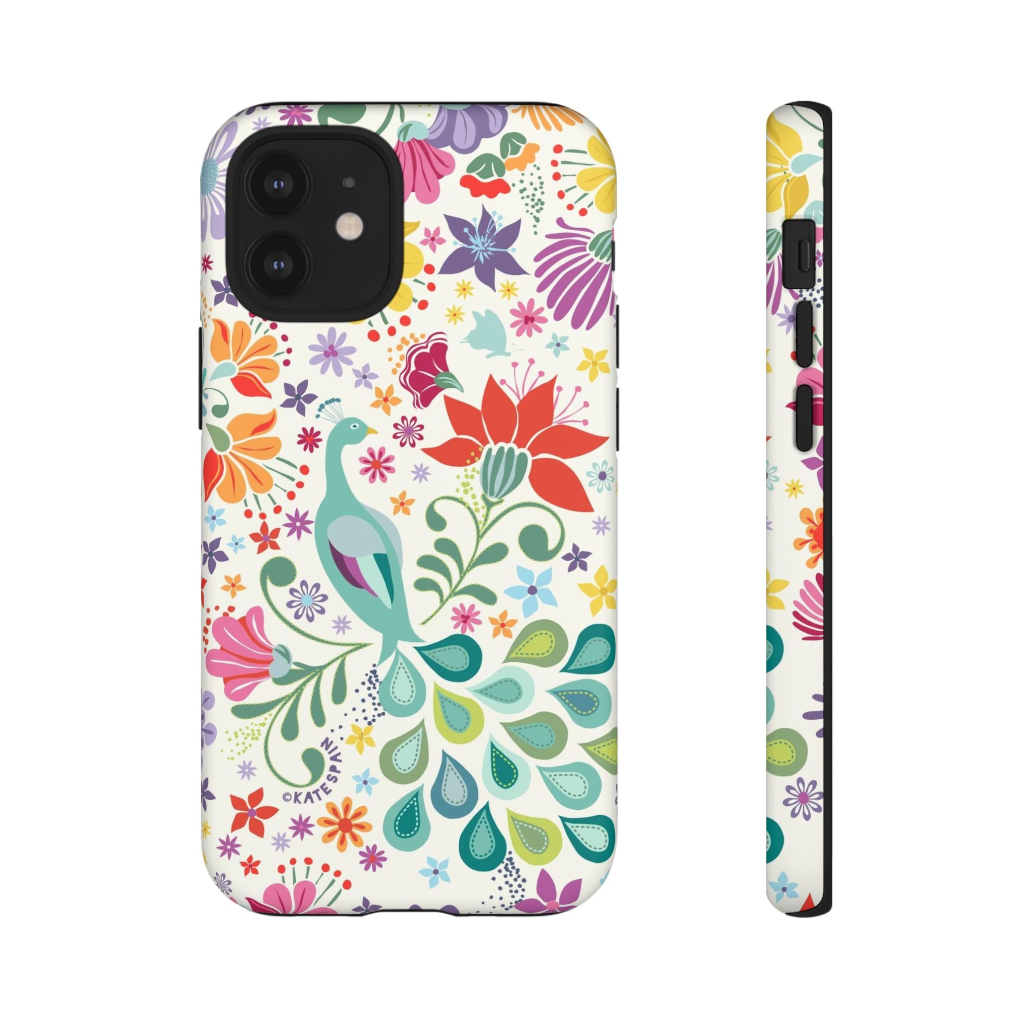 Peacock Sanctuary Tough iPhone 12 Mini Case – Matte | white, teal, coral multicolor vibrant peacock feather botanical print