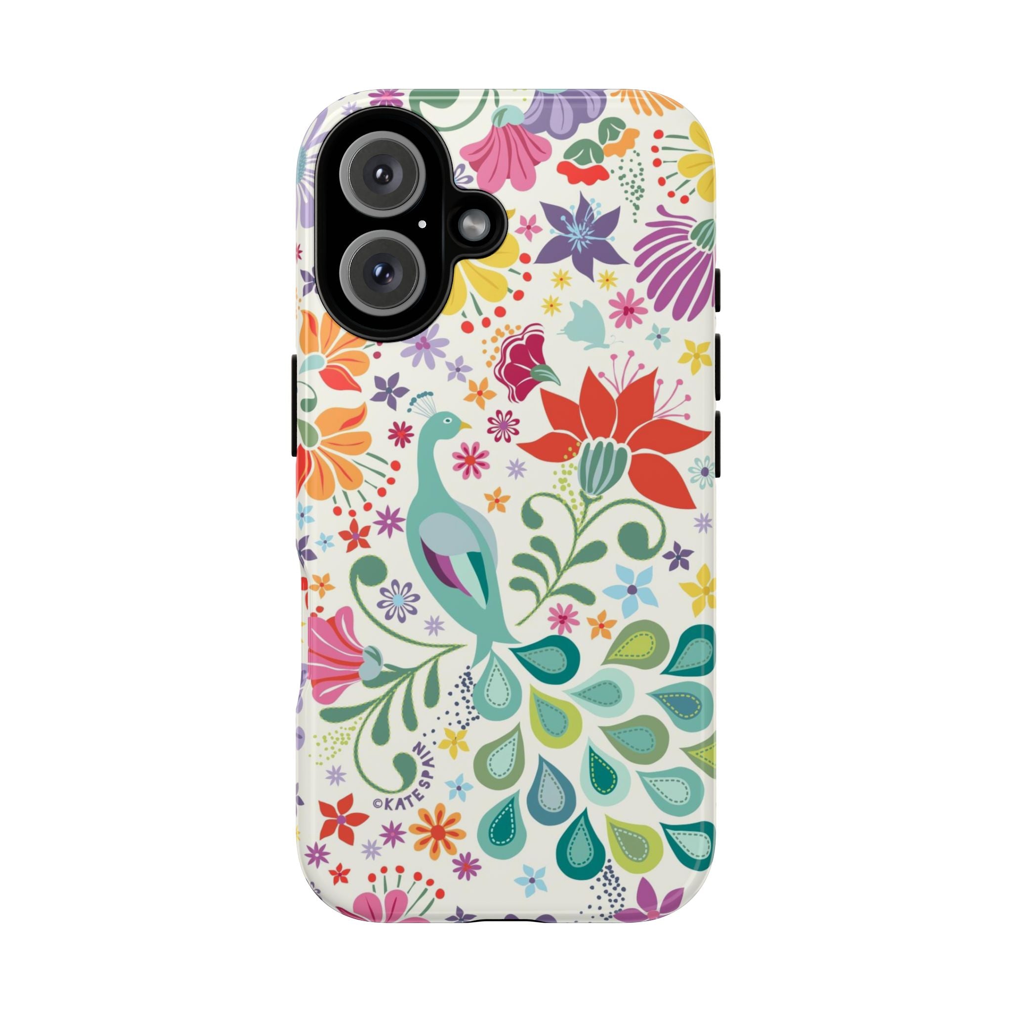 Peacock Sanctuary Tough iPhone 16 Case – Glossy | white, teal, coral multicolor vibrant peacock feather botanical print