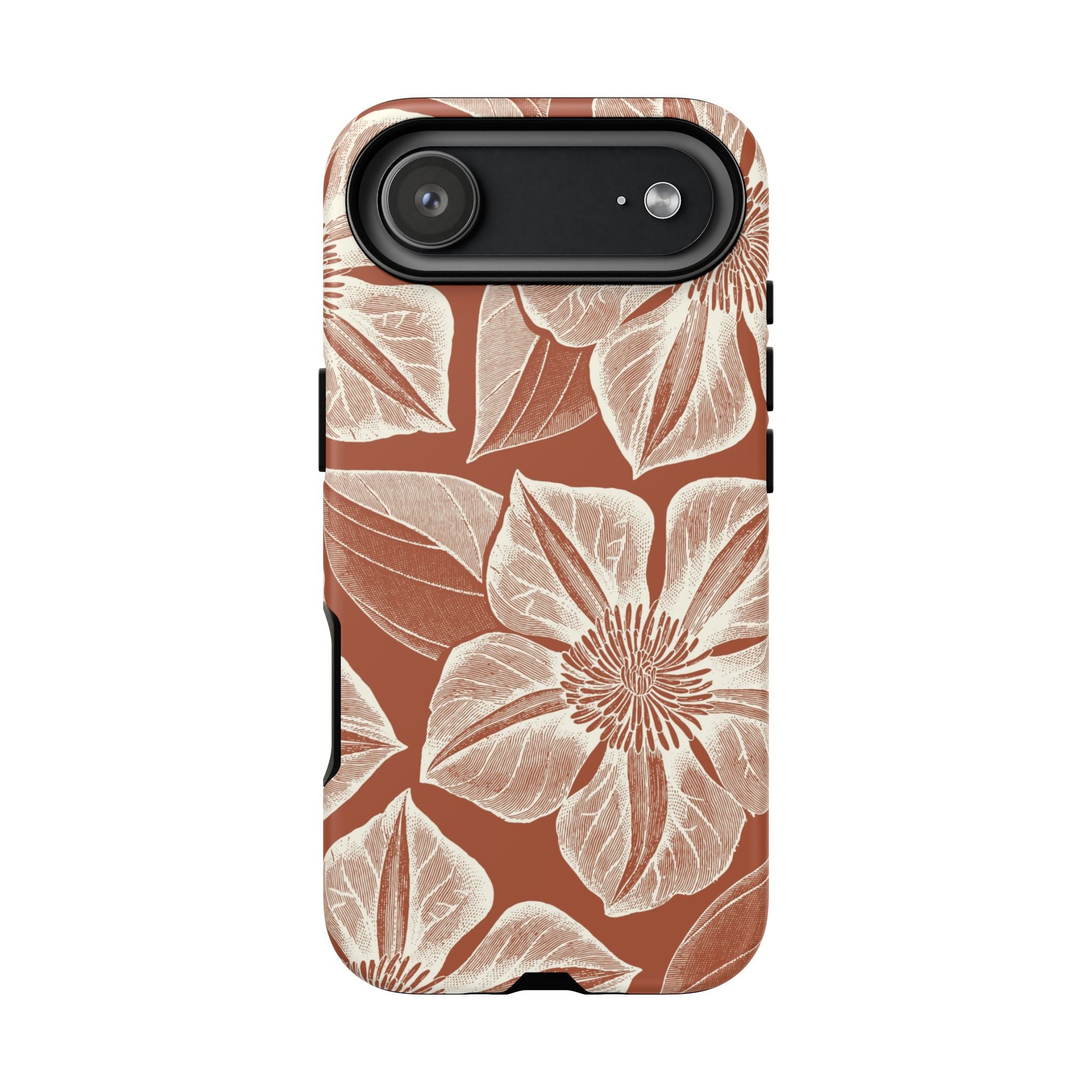 Vintage Bloom Sienna iPhone 17 Air case – Matte | sienna ground, large-scale cream clematis print, engraved petal detail, dual-layer protection