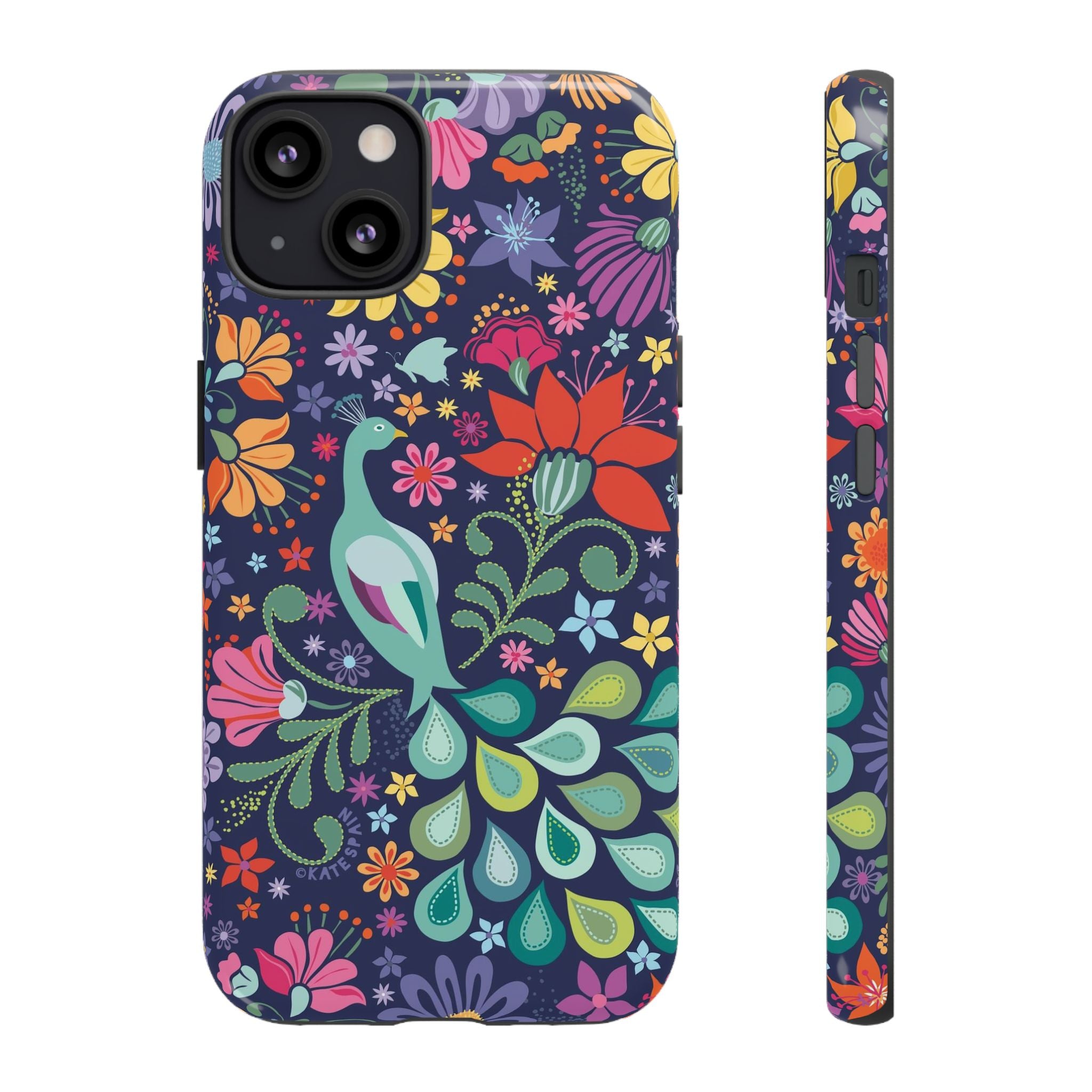 Peacock Sanctuary Tough iPhone 13 Case – Matte | navy, teal, coral multicolor vibrant peacock feather botanical print