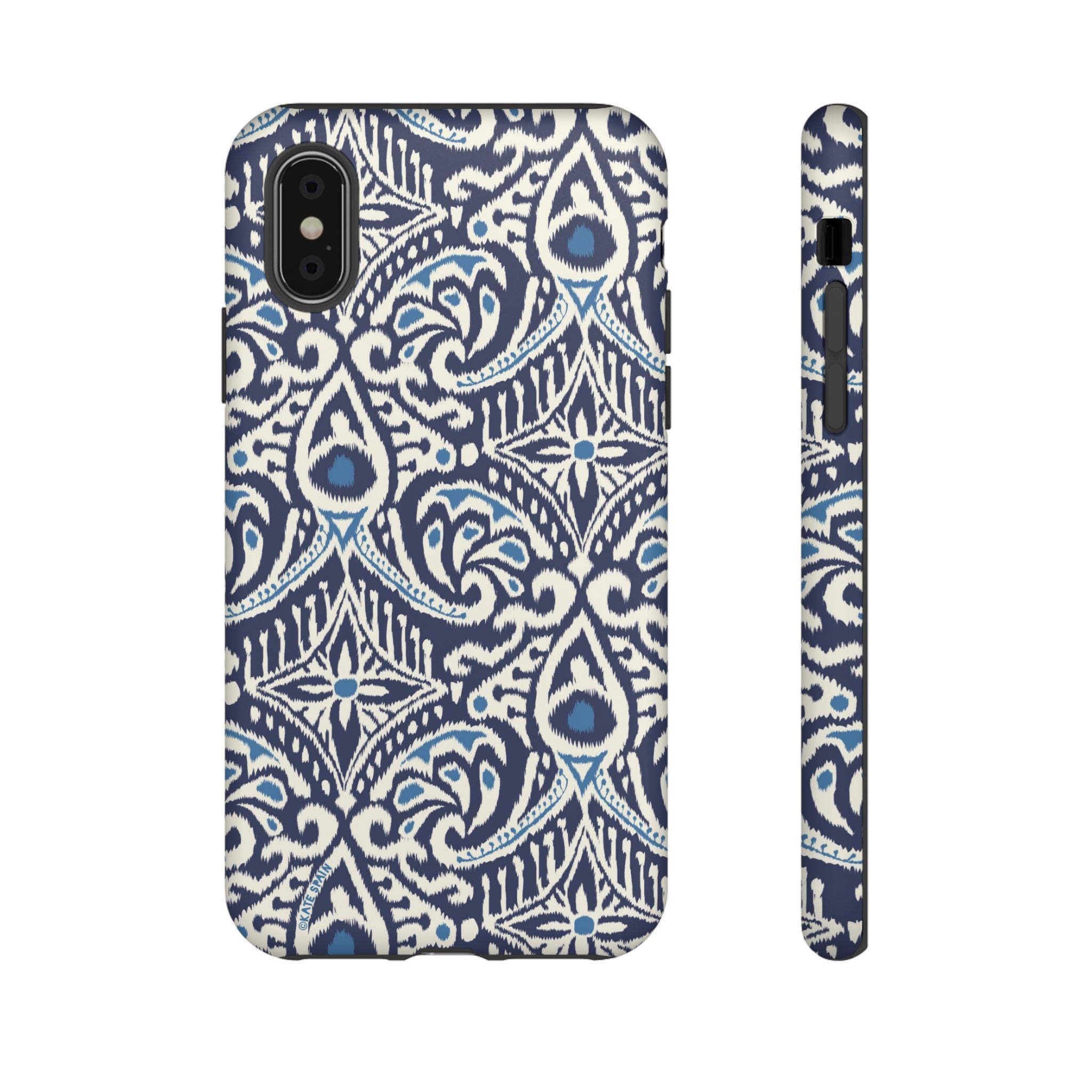 Ikat Tough iPhone XS Case – Matte | navy, cream, blue ikat medallion print