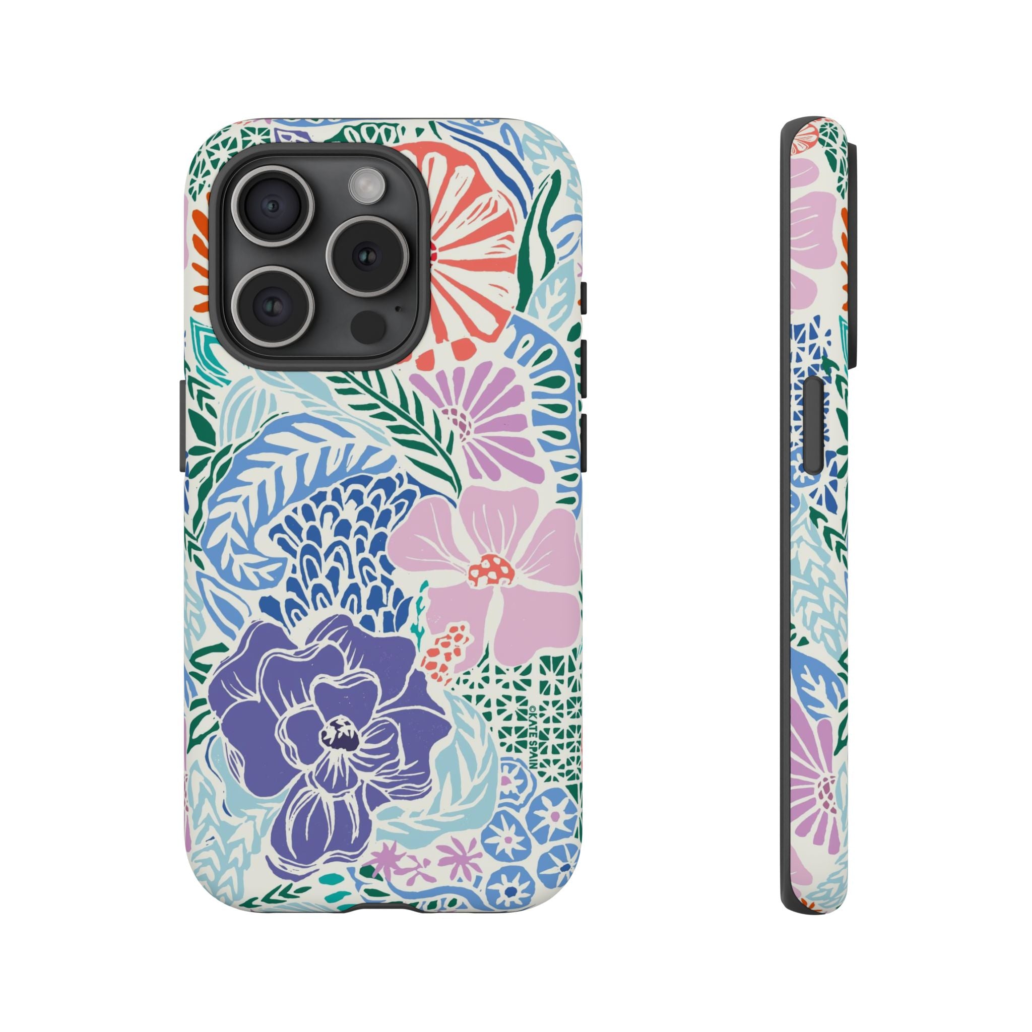 Tropica Tough iPhone 15 Pro Case – Matte | purple, coral, pink, blue botanical tropical floral print
