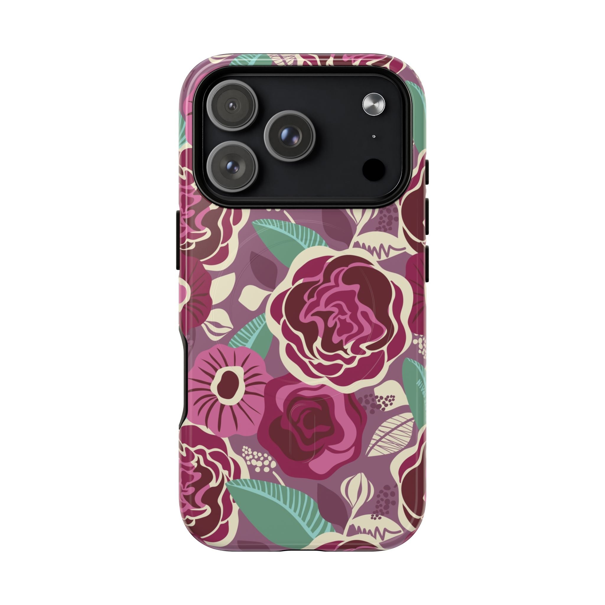 Luxury Tea Rose Burgundy MagSafe iPhone 17 Pro Case – Glossy | burgundy, magenta, plum botanical rose floral print