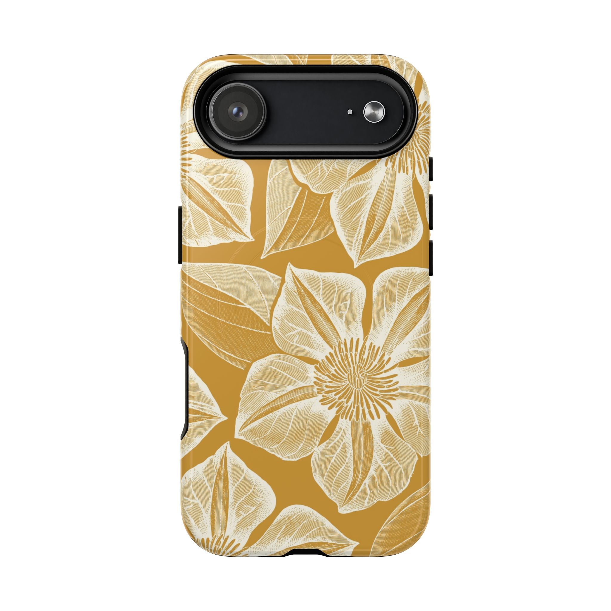 Vintage Bloom Gold MagSafe iPhone 17 Air Case – Glossy | warm gold ground, large-scale cream clematis print, engraved petal detail, dual-layer protection