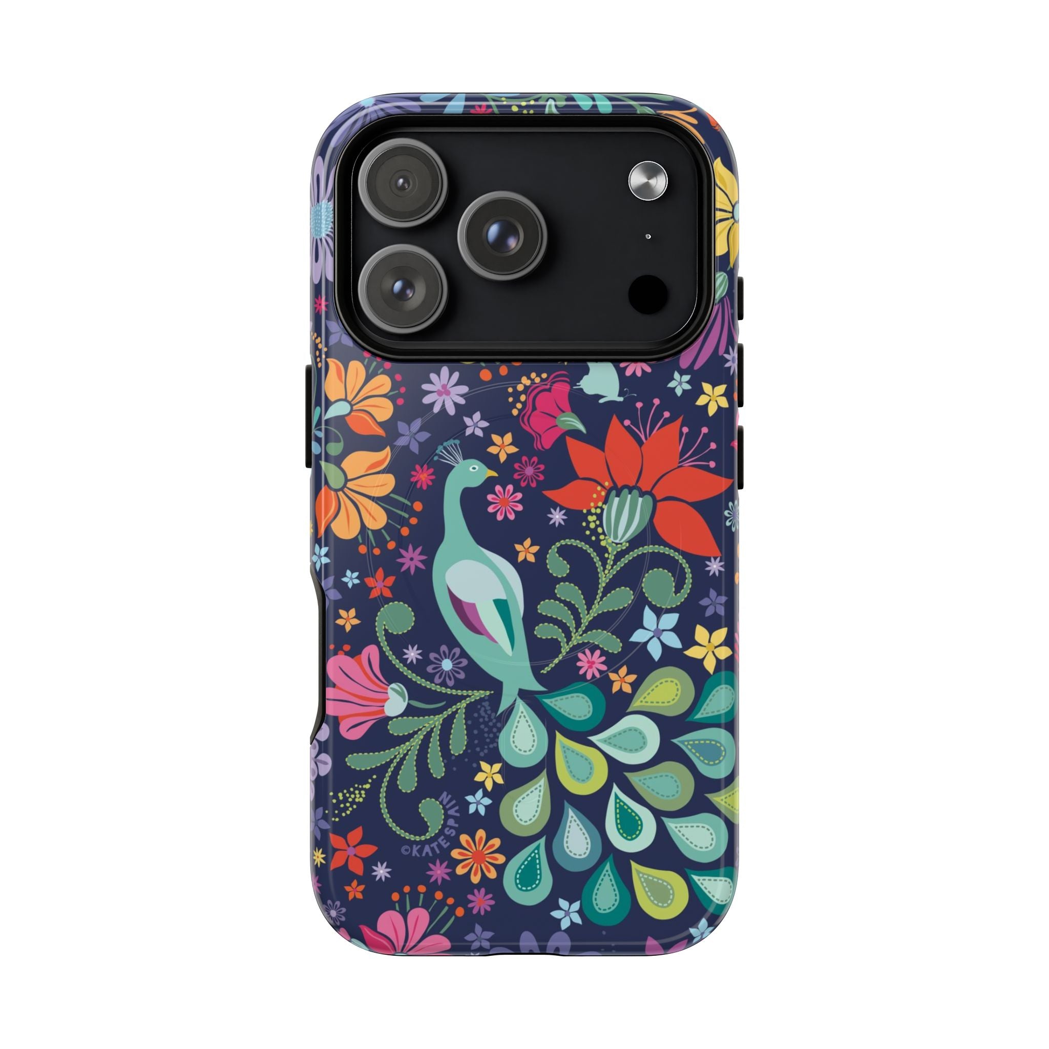 Peacock Sanctuary MagSafe iPhone 17 Pro Case – Glossy | navy, teal, coral multicolor vibrant peacock feather botanical print