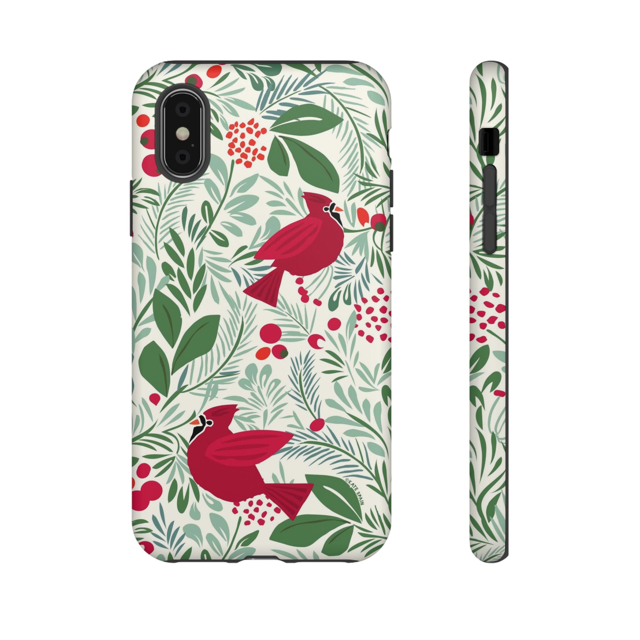 Birds and Berries Tough iPhone X Case – Matte | cream, red, green botanical cardinal berry print