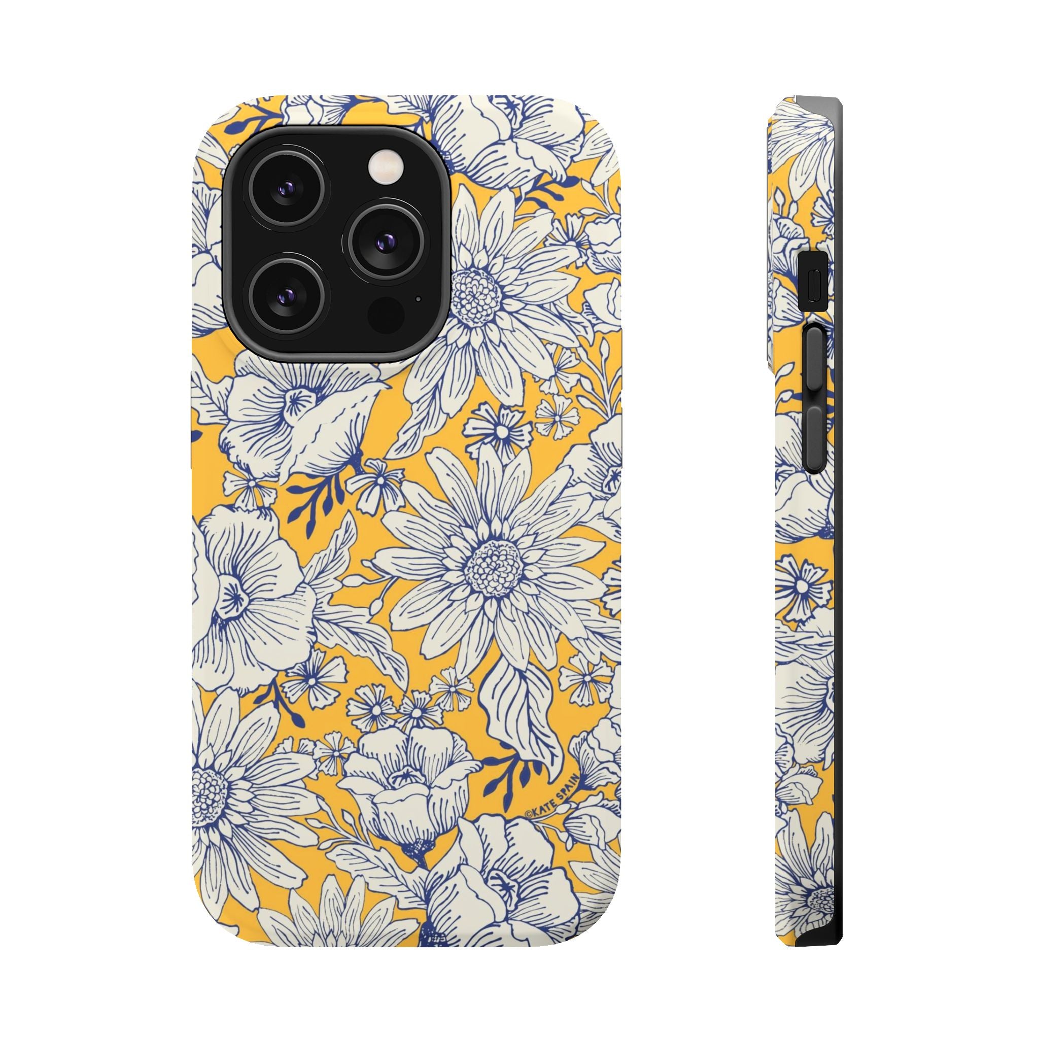 Jardin Luxury MagSafe iPhone 14 Pro Case – Matte | yellow, cream, blue botanical floral print