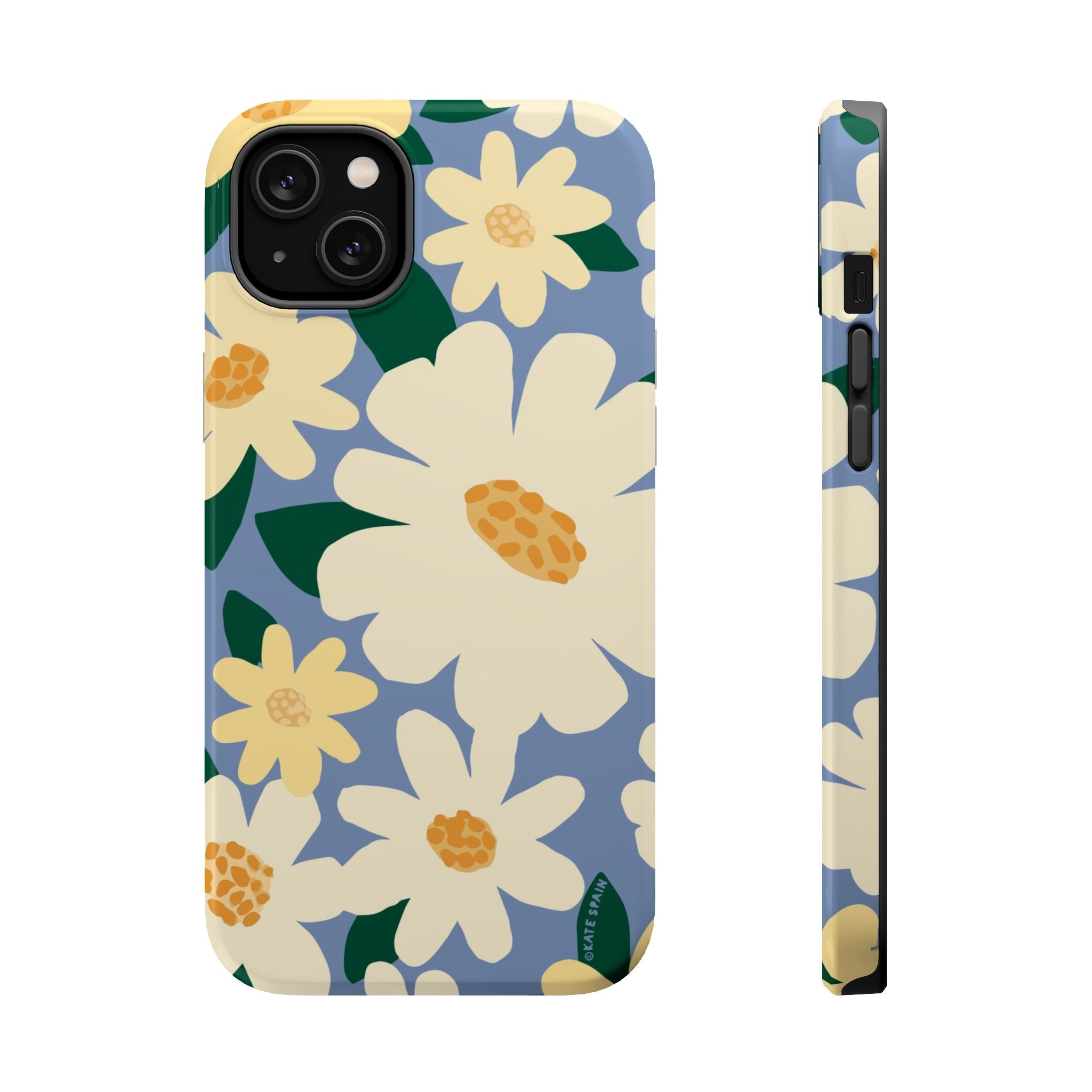 Chamomile MagSafe iPhone 14 Plus Case – Glossy | periwinkle, cream, yellow botanical daisy floral print MagSafe compatible, dual-layer protection