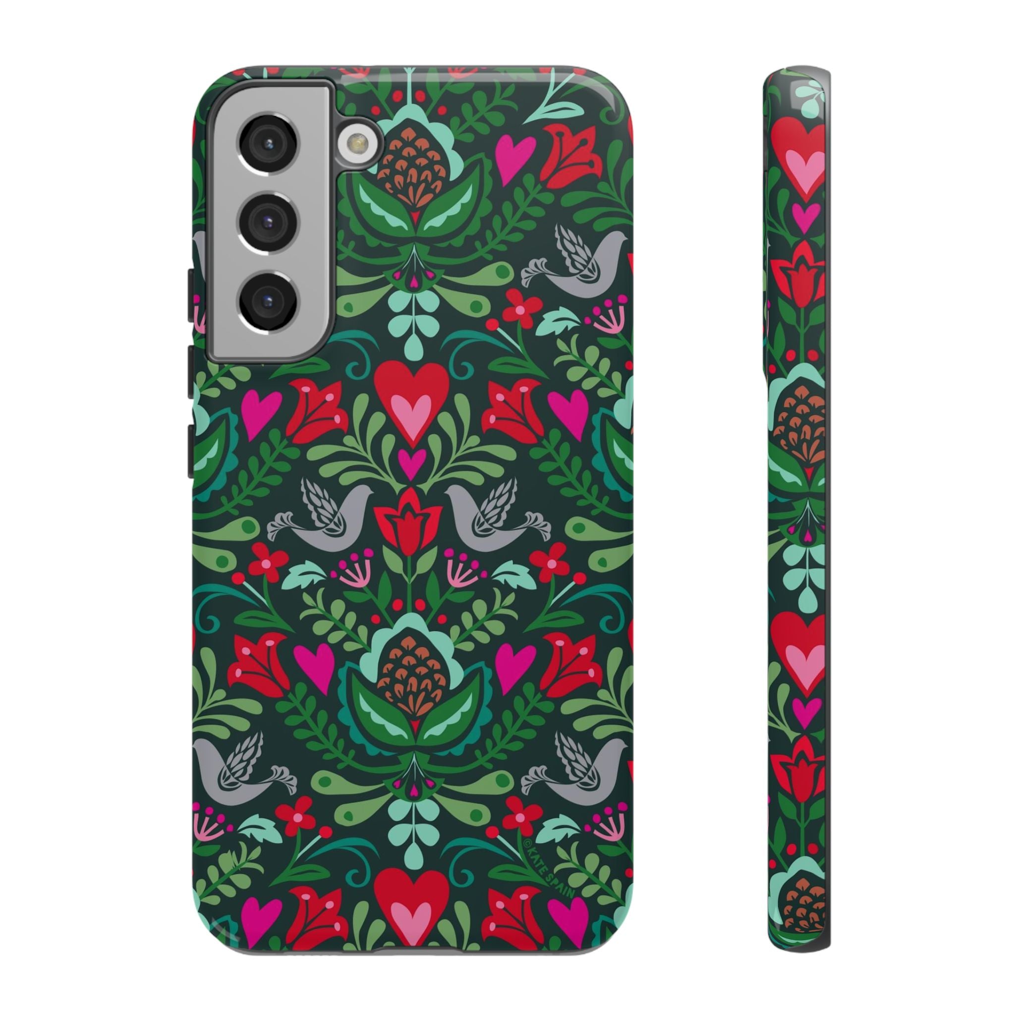 Rosemaling Samsung Galaxy S22 Plus Case – Glossy | forest green, red, pink rosemaling floral print