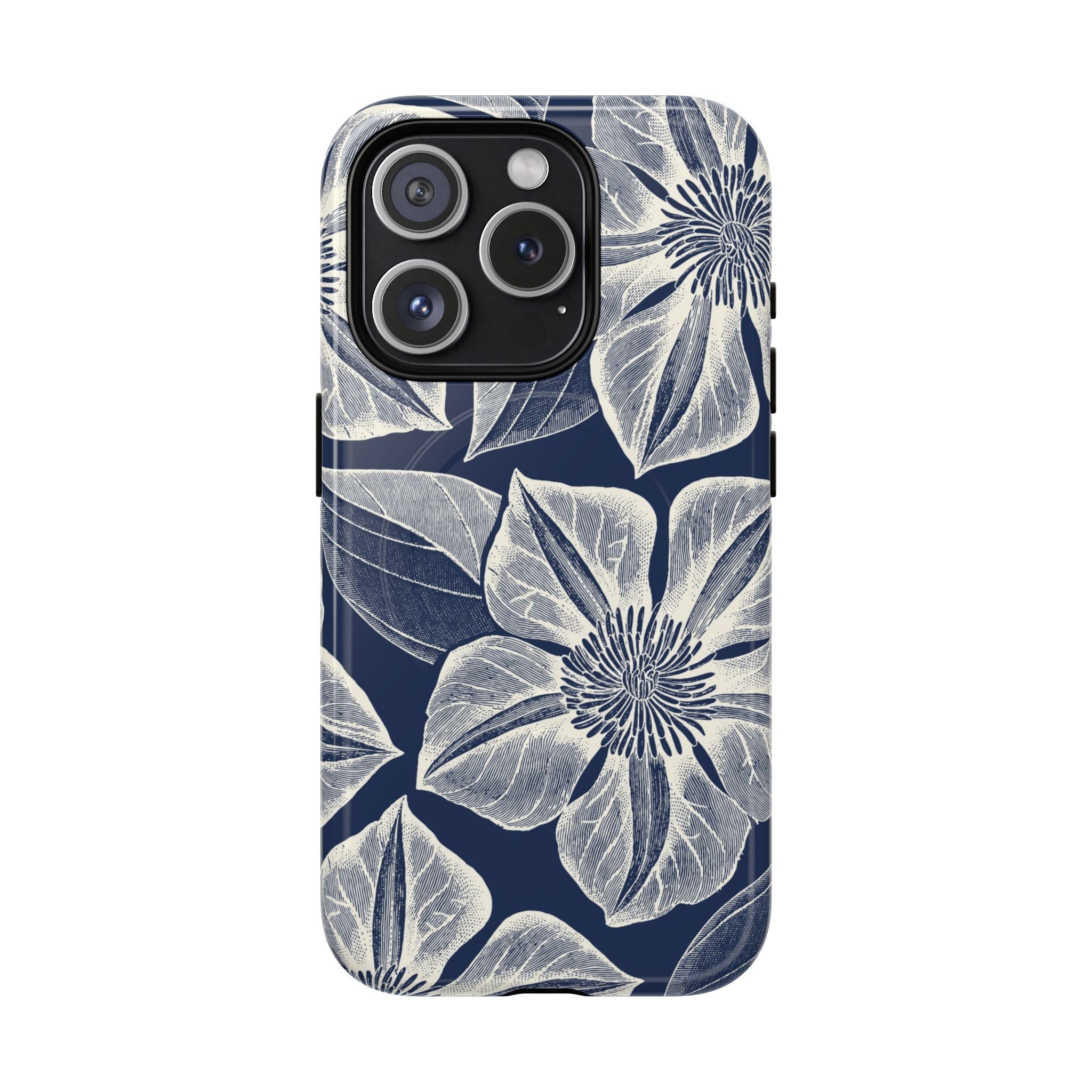 Vintage Bloom Navy MagSafe iPhone 15 Pro Case – Glossy | navy ground, large-scale white clematis print, engraved petal detail, dual-layer protection