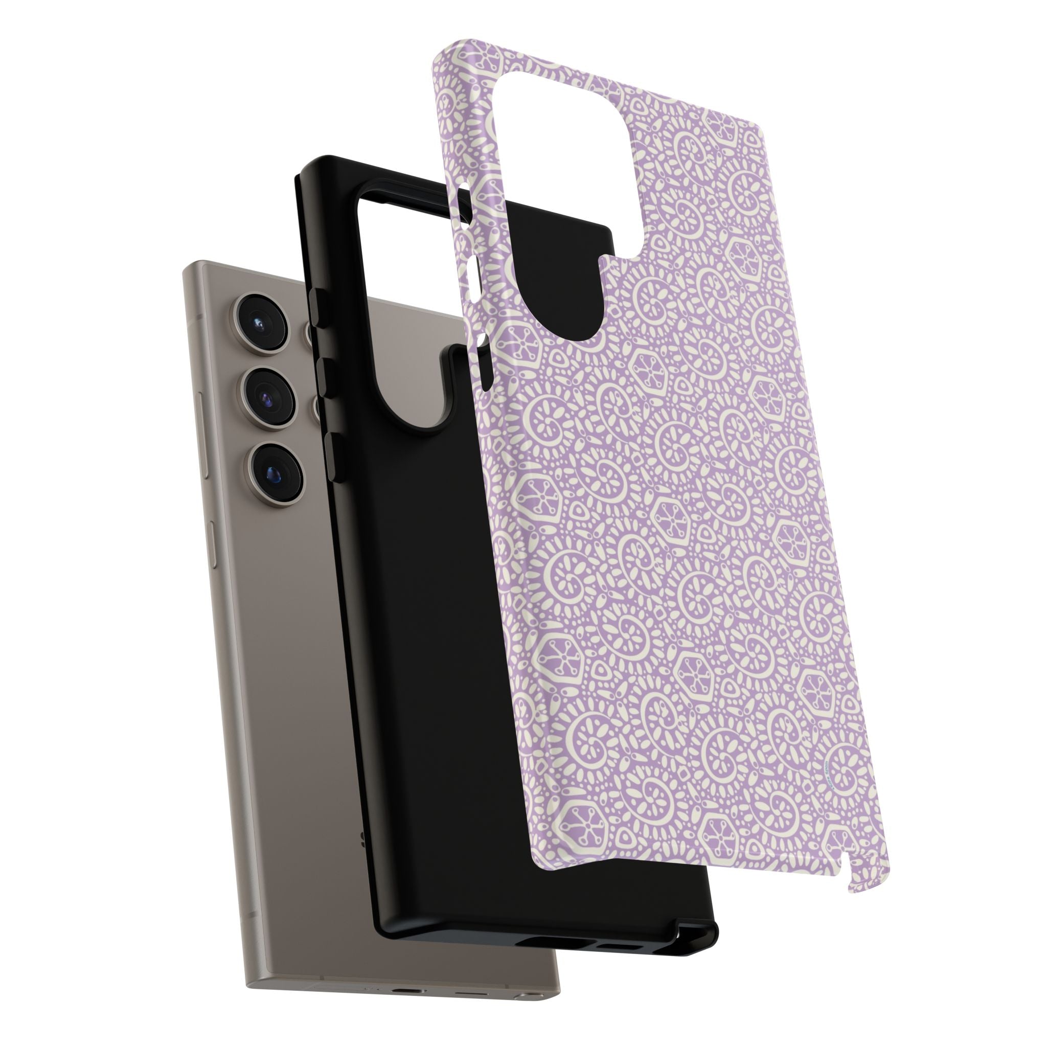 Canto Swirls Lavender Samsung Galaxy S24 Ultra Glossy Case — dual-layer construction detail showing protective inner and outer layers; lavender folk-art medallion pattern