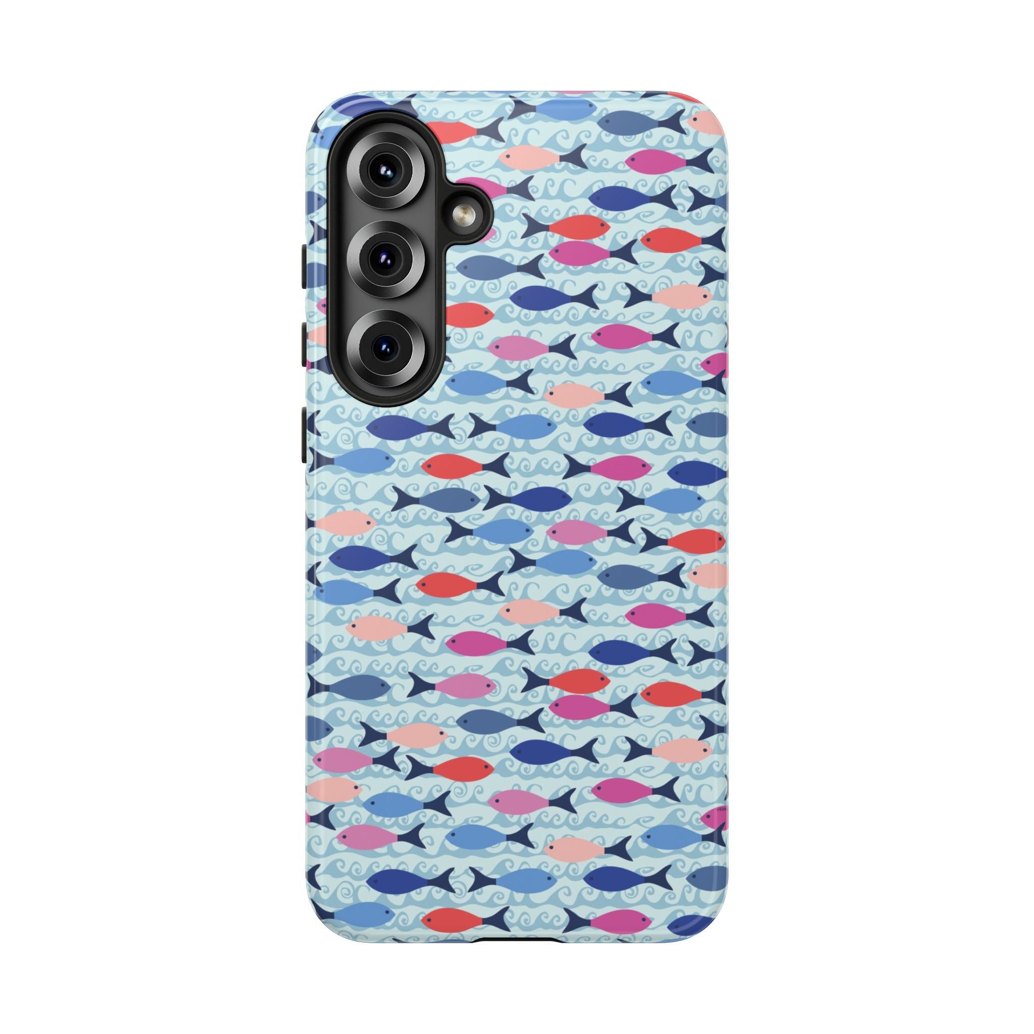 Summer Minnows Samsung Galaxy S25 Plus Case – Glossy | navy, coral, pink, and periwinkle fish on a pale aqua ground