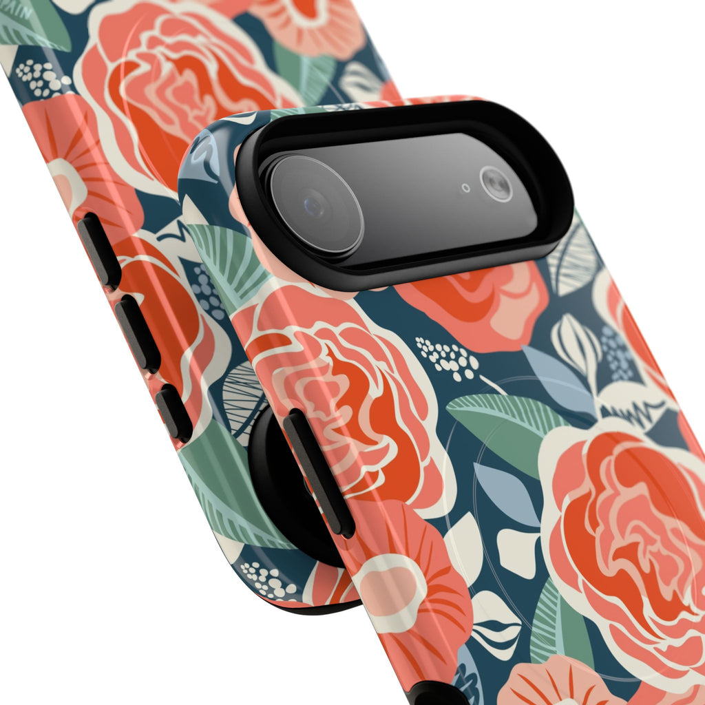 Luxury Tea Rose Navy MagSafe iPhone 17 Air Case – exploded side view showing buttons and close-up of camera cut out in navy, coral, peach botanical rose floral print