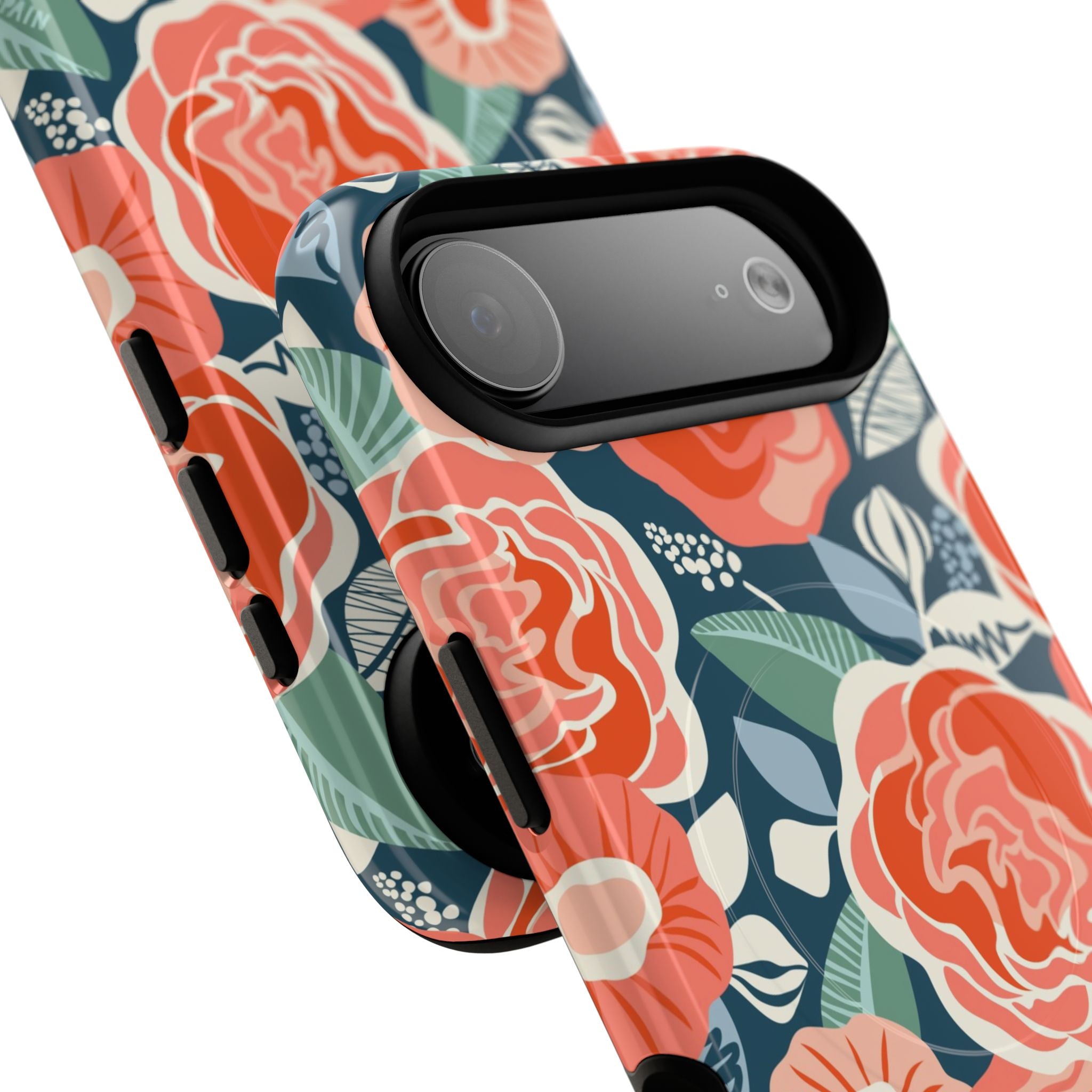 Luxury Tea Rose Navy MagSafe iPhone 17 Air Case – exploded side view showing buttons and close-up of camera cut out in navy, coral, peach botanical rose floral print