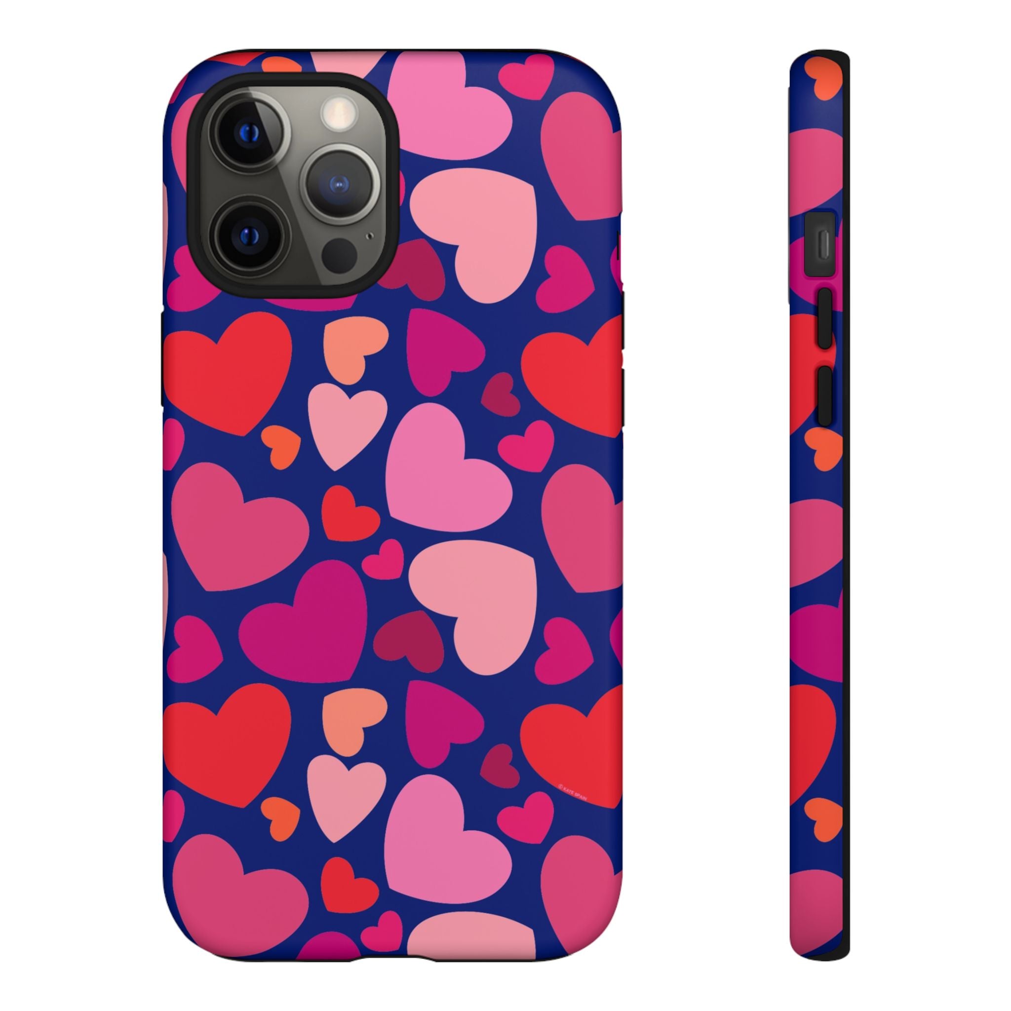 Hearts Tough iPhone 12 Pro Max Case – Matte | navy, pink, red, coral scattered heart print