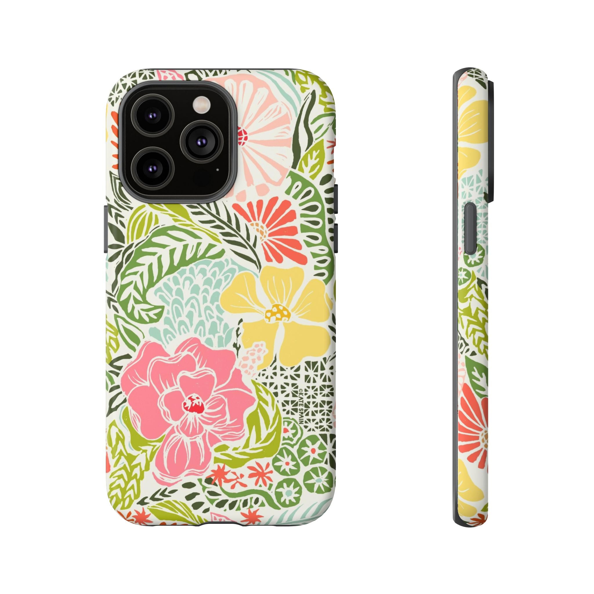 Tropica Tough iPhone 14 Pro Max Case – Matte | cream, pink, yellow, blue botanical floral print