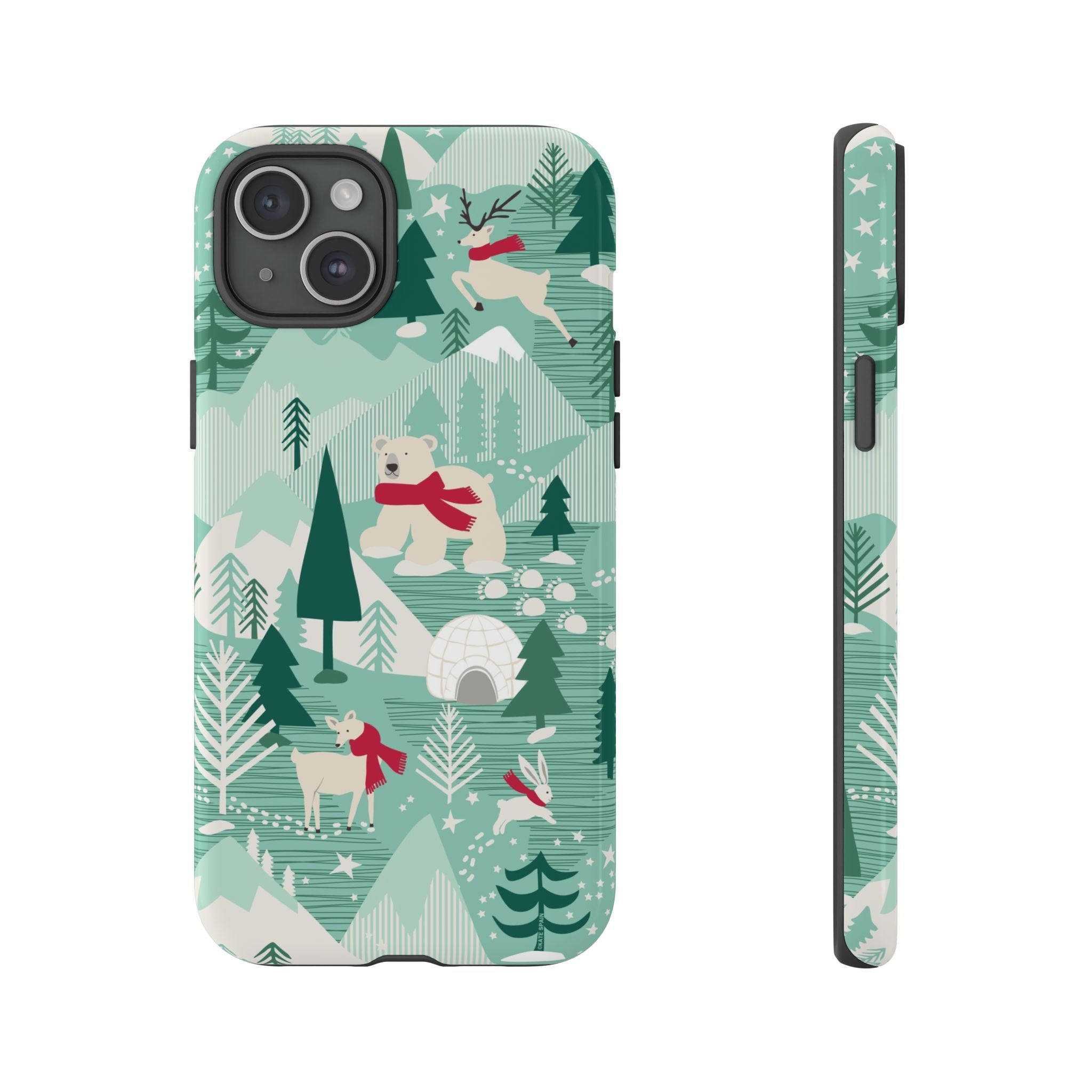 Arctica Winter Tough iPhone 15 Plus Case – Glossy | aqua, evergreen, white, animal frolic winter wonderland print