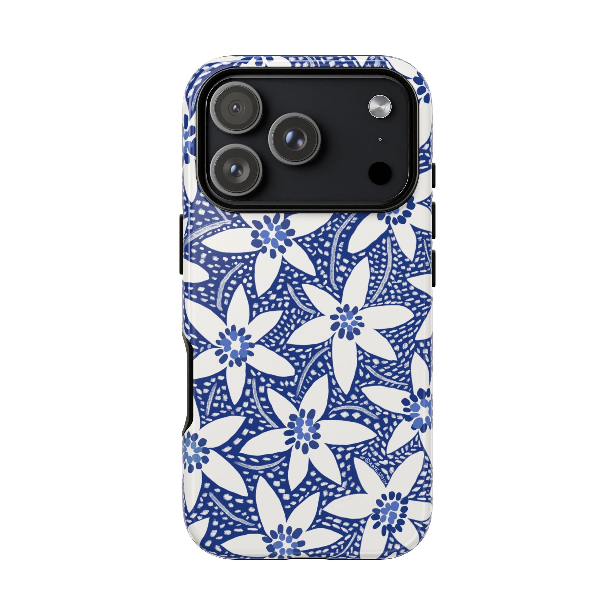 Starflower iPhone 17 Pro Case – Glossy | navy, white geometric starflower print