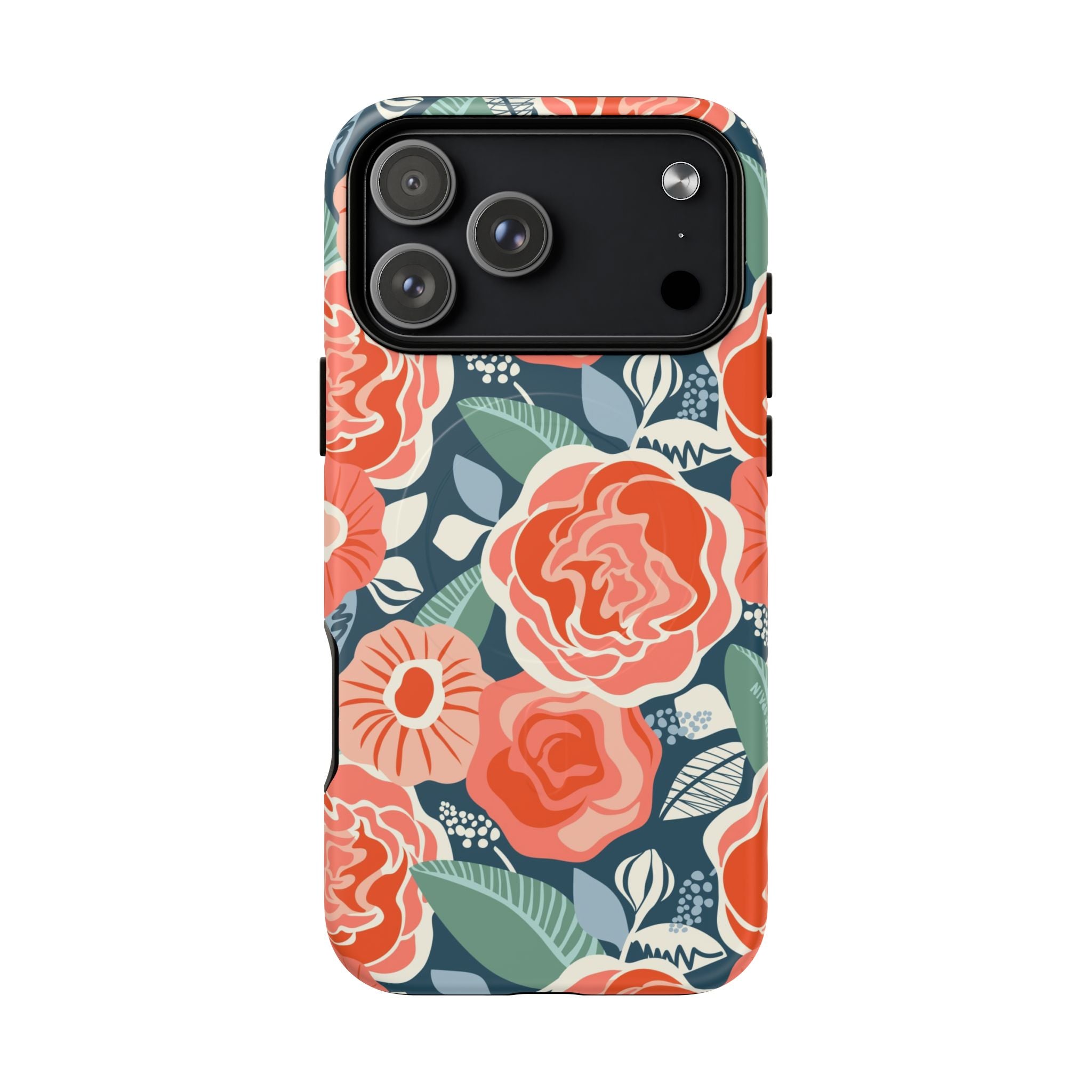 Luxury Tea Rose Navy MagSafe iPhone 17 Pro Max Case – Matte | navy, coral, peach botanical rose floral print