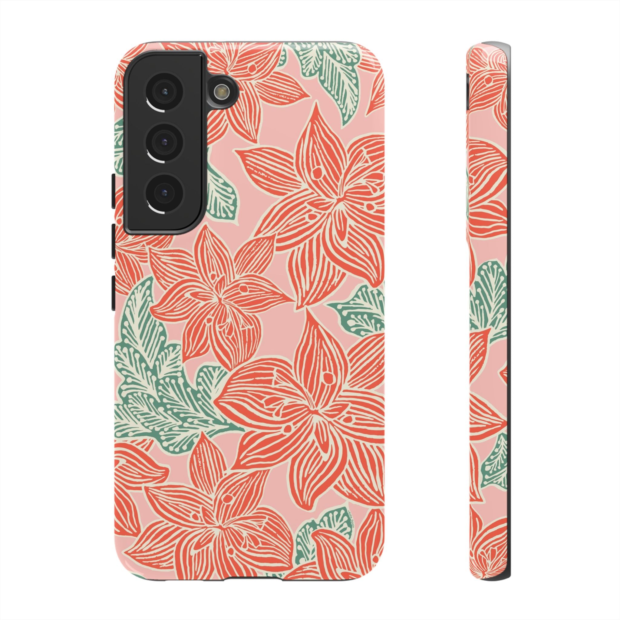Hibiscus Coral Samsung Galaxy S22 Glossy Case — blush pink hard case with large-scale coral red hibiscus flowers and teal-green leaves in a bold botanical linework print, densely layered across the surface