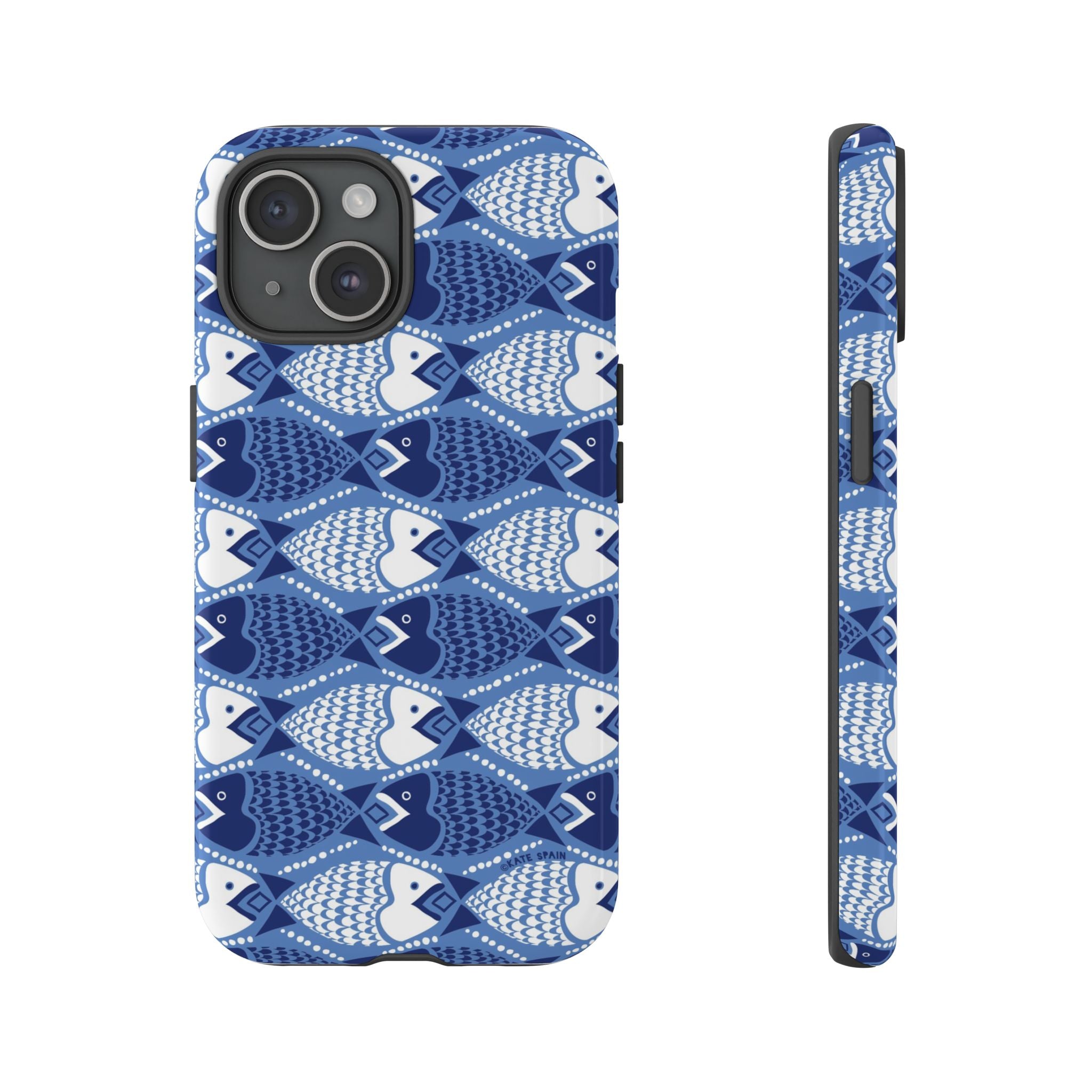 Catch of the Day Tough iPhone 15 Case – Glossy | navy, blue, white geometric fish print