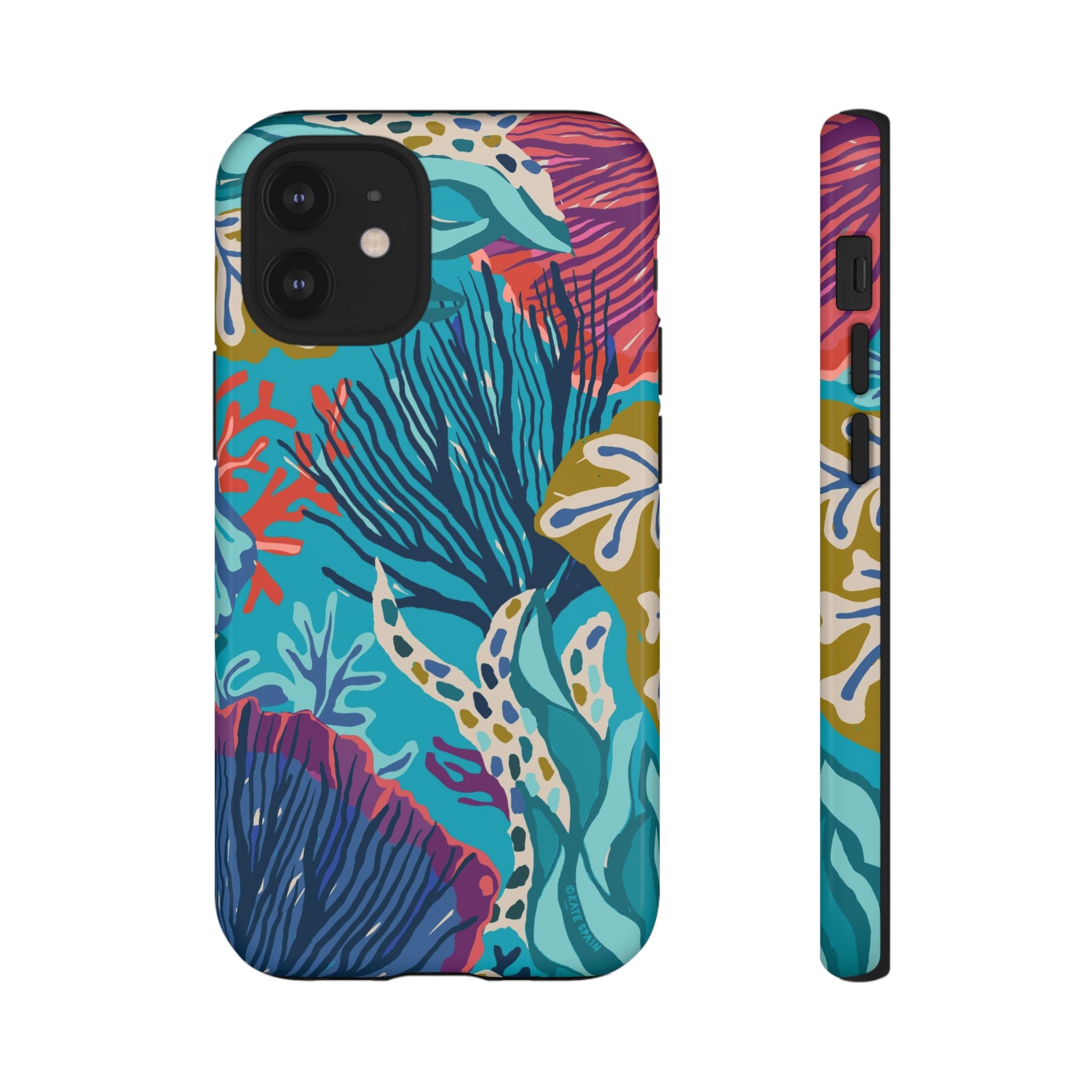 Reef Tough iPhone 12 Mini Case – Glossy | teal, coral, navy, purple botanical coral reef print