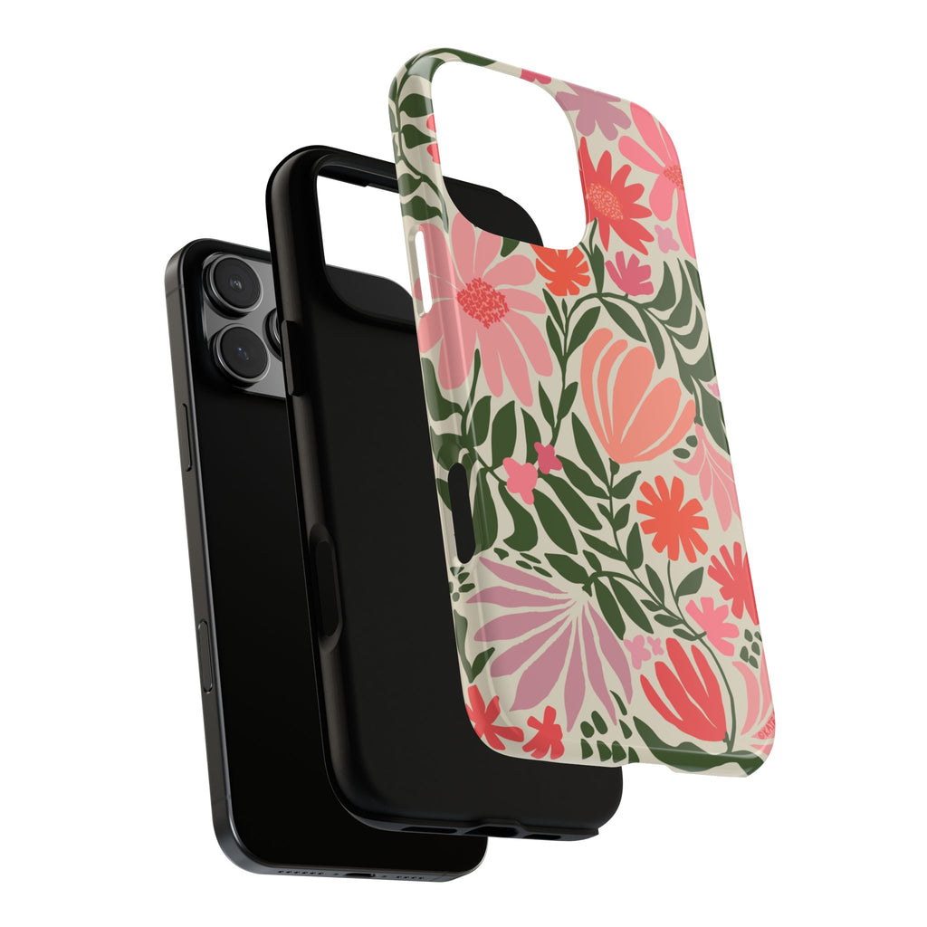 Calendula Tough iPhone 16 Pro Max Case – dual-layer construction detail | periwinkle, cream, teal graphic daisy floral print