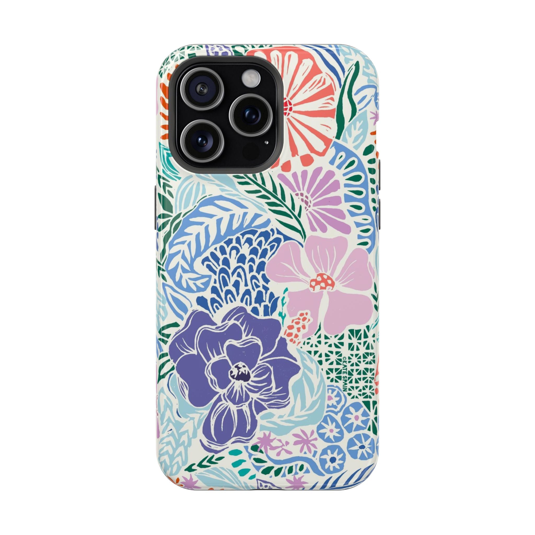 Tropica MagSafe iPhone 15 Pro Max Case – Glossy | purple, coral, pink, blue botanical tropical floral print MagSafe compatible, dual-layer protection
