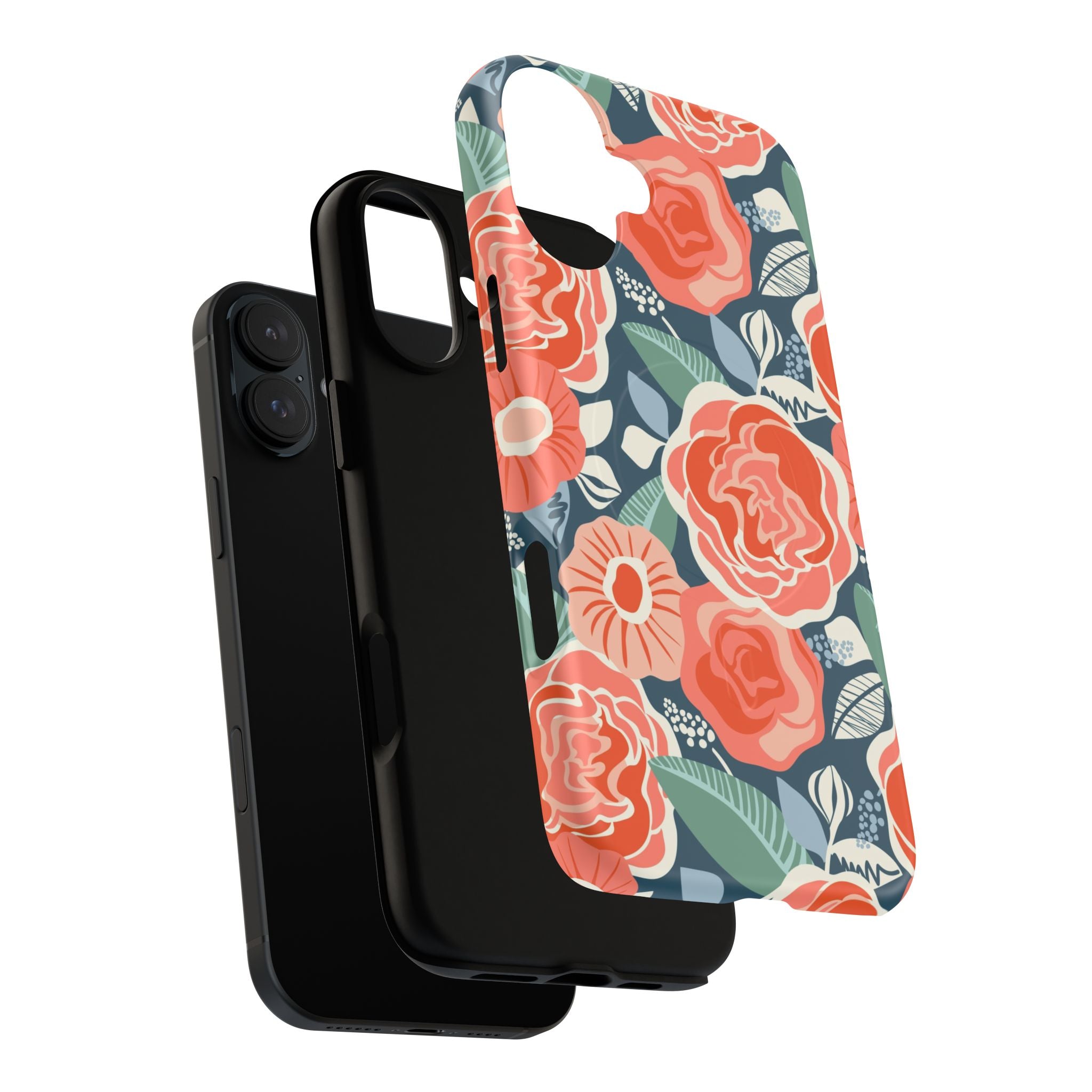 Luxury Tea Rose Navy MagSafe iPhone Case – exploded side view showing dual-layer construction and MagSafe magnet array | navy, coral, peach botanical rose floral print