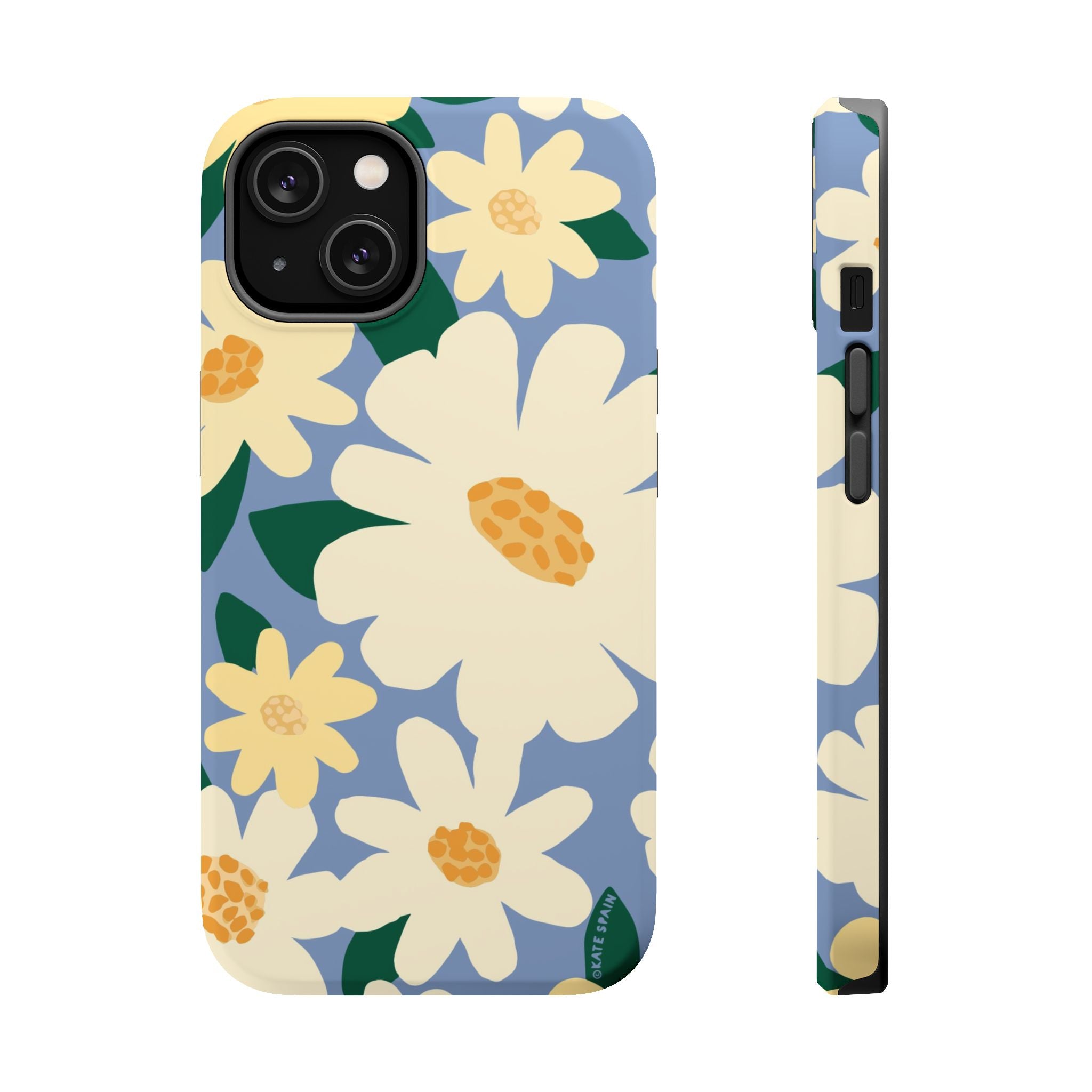Chamomile MagSafe iPhone 14 Case – Matte | periwinkle, cream, yellow botanical daisy floral print MagSafe compatible, dual-layer protection