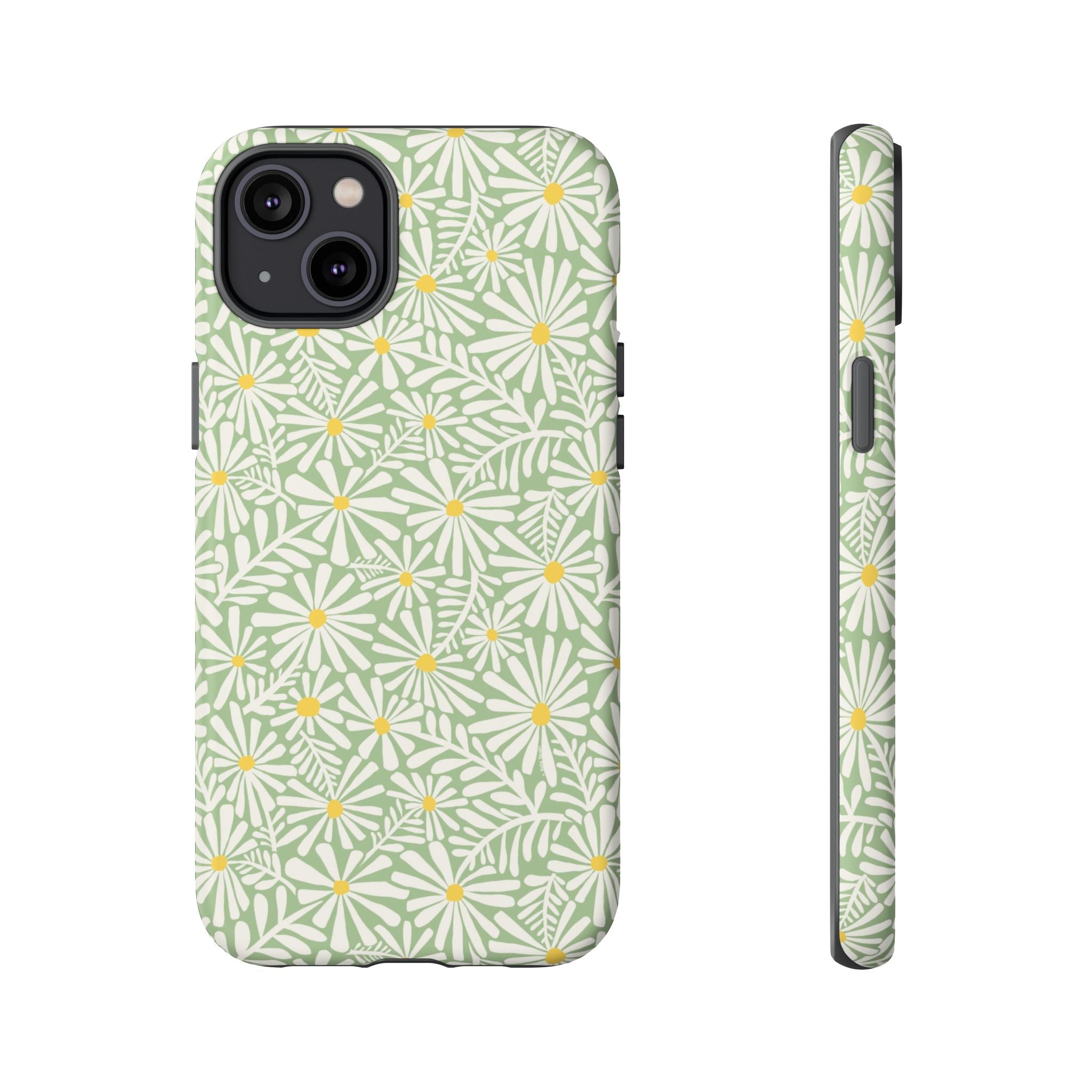 Montauk Daisy Meadow Green iPhone 14 Plus Case – Matte | sage green, white graphic daisy and fern print, golden yellow centers | dual-layer protection
